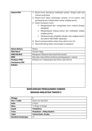 Aktiviti PDP 1) Murid-murid dibimbing melafazkan pantun dengan jeda dan
intonasi yang betul.
2) Murid-murid diberi penerangan tentang ciri-ciri pantun iaitu
pembayang dan maksud dalam setiap rangkap pantun.
3) Dalam kumpulan murid:
 Mengenalpasti dan mengariskan baris maksud dengan
highlighter.
 Mengenalpasti maksud pantun dan melekatkan dibawa
rangkap pantun.
 Setiap kumpulan diagihkan dengan satu rangkap pantun
dan aktiviti ‘MESTAMU’ dijalankan.
4) Murid membuat latihan dalam buku aktiviti (m/s 33)
5) Murid dibimbing dalam merumuskan isi pelajaran.
Sistem Bahasa Pantun
Nilai Murni Hemah Tinggi
EMK/KB/BCB Mengecam, Menjana idea, kreatif daninovatif
BBM Buku teks, buku latihan, lembaran pembayangdan maksud
Penilaian PDP/
Pentaksiran PDP
Penilaian 4.2.1 dilaksanakan dan dinilai. (akt 3 dan 4)
Refleksi
RANCANGAN PENGAJARAN HARIAN
BAHASA MALAYSIA TAHUN 2
Minggu 8
Hari / Tarikh Ahad / 24 Feb 2019
Kelas 2 Excel
Masa 11.30 pg-12.30 tgh
Aspek Tatabahasa
Tema Perpaduan – Hidup berjiran
Tajuk Terima Kasih, Jiranku
Standard Kandungan 5.1
 