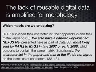 The lack of reusable digital data
is ampliﬁed for morphology
Which matrix are we criticizing?
RC07 published their charact...