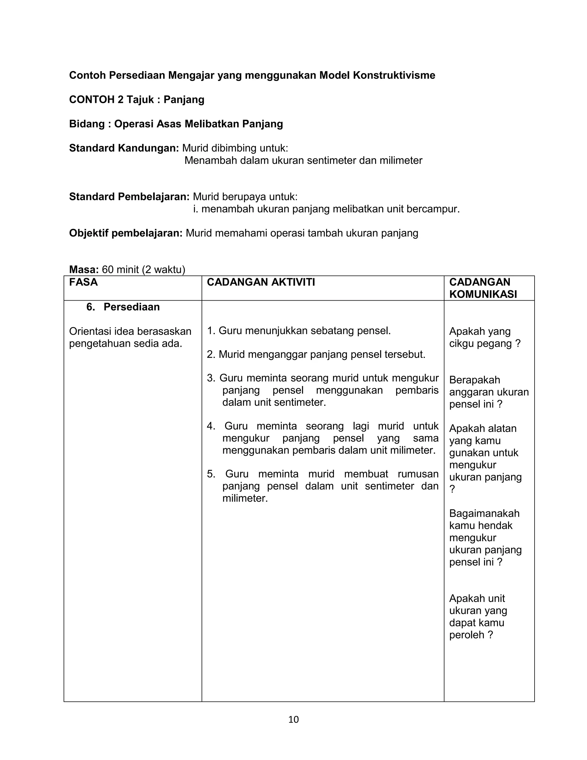 Contoh Persediaan Mengajar yang menggunakan Model Konstruktivisme

CONTOH 2 Tajuk : Panjang

Bidang : Operasi Asas Melibatkan Panjang

Standard Kandungan: Murid dibimbing untuk:
                    Menambah dalam ukuran sentimeter dan milimeter


Standard Pembelajaran: Murid berupaya untuk:
                       i. menambah ukuran panjang melibatkan unit bercampur.

Objektif pembelajaran: Murid memahami operasi tambah ukuran panjang


Masa: 60 minit (2 waktu)
FASA                        CADANGAN AKTIVITI                              CADANGAN
                                                                           KOMUNIKASI
   6. Persediaan

Orientasi idea berasaskan   1. Guru menunjukkan sebatang pensel.           Apakah yang
pengetahuan sedia ada.                                                     cikgu pegang ?
                            2. Murid menganggar panjang pensel tersebut.

                            3. Guru meminta seorang murid untuk mengukur Berapakah
                               panjang pensel menggunakan pembaris anggaran ukuran
                               dalam unit sentimeter.                    pensel ini ?

                            4. Guru meminta seorang lagi murid untuk Apakah alatan
                               mengukur panjang pensel yang sama yang kamu
                               menggunakan pembaris dalam unit milimeter. gunakan untuk
                                                                          mengukur
                            5. Guru meminta murid membuat rumusan ukuran panjang
                               panjang pensel dalam unit sentimeter dan ?
                               milimeter.
                                                                          Bagaimanakah
                                                                          kamu hendak
                                                                          mengukur
                                                                          ukuran panjang
                                                                          pensel ini ?


                                                                           Apakah unit
                                                                           ukuran yang
                                                                           dapat kamu
                                                                           peroleh ?




                                            10
 