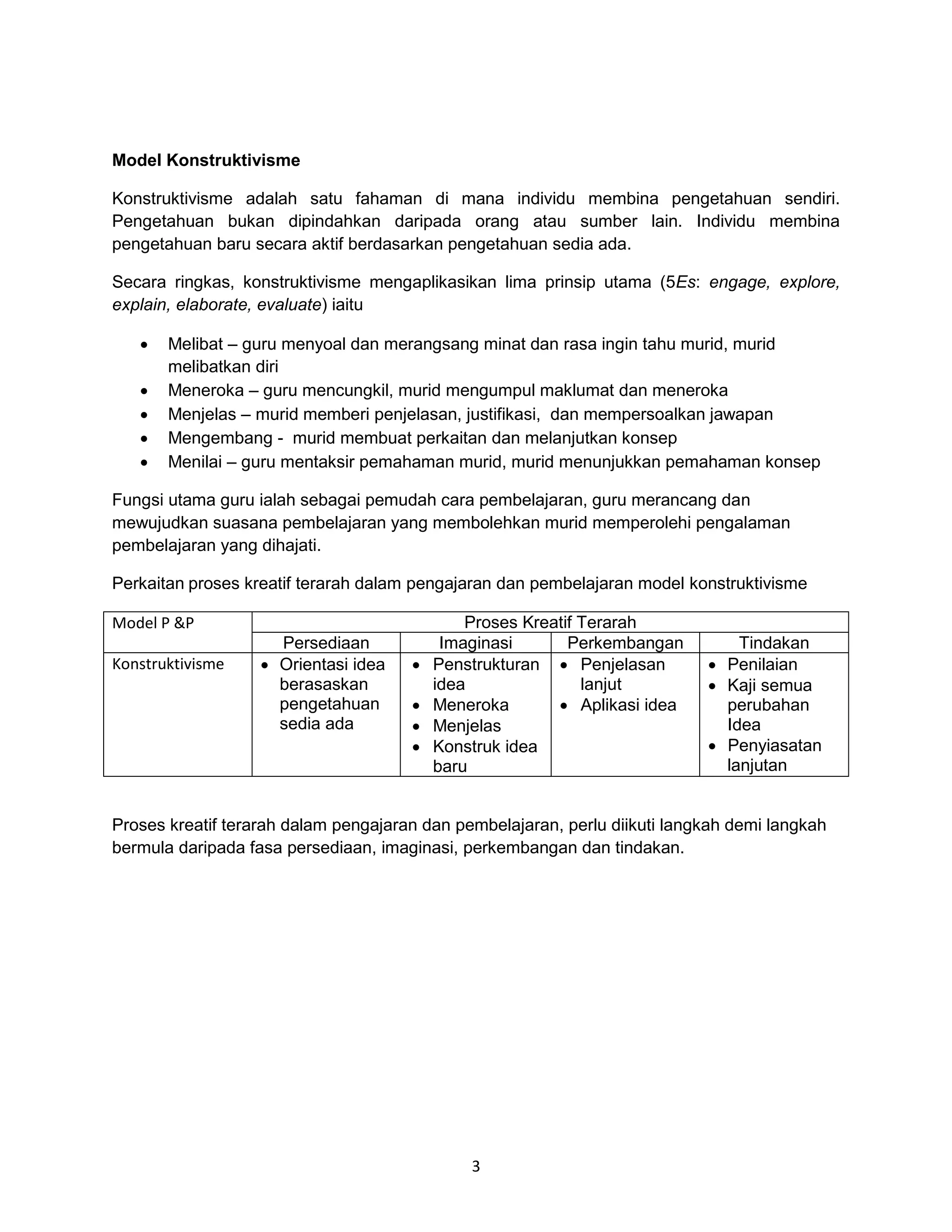 Model Konstruktivisme

Konstruktivisme adalah satu fahaman di mana individu membina pengetahuan sendiri.
Pengetahuan bukan dipindahkan daripada orang atau sumber lain. Individu membina
pengetahuan baru secara aktif berdasarkan pengetahuan sedia ada.

Secara ringkas, konstruktivisme mengaplikasikan lima prinsip utama (5Es: engage, explore,
explain, elaborate, evaluate) iaitu

      Melibat – guru menyoal dan merangsang minat dan rasa ingin tahu murid, murid
       melibatkan diri
      Meneroka – guru mencungkil, murid mengumpul maklumat dan meneroka
      Menjelas – murid memberi penjelasan, justifikasi, dan mempersoalkan jawapan
      Mengembang - murid membuat perkaitan dan melanjutkan konsep
      Menilai – guru mentaksir pemahaman murid, murid menunjukkan pemahaman konsep

Fungsi utama guru ialah sebagai pemudah cara pembelajaran, guru merancang dan
mewujudkan suasana pembelajaran yang membolehkan murid memperolehi pengalaman
pembelajaran yang dihajati.

Perkaitan proses kreatif terarah dalam pengajaran dan pembelajaran model konstruktivisme

Model P &P                                    Proses Kreatif Terarah
                     Persediaan            Imaginasi       Perkembangan         Tindakan
Konstruktivisme     Orientasi idea      Penstrukturan  Penjelasan         Penilaian
                     berasaskan           idea               lanjut          Kaji semua
                     pengetahuan         Meneroka        Aplikasi idea      perubahan
                     sedia ada           Menjelas                            Idea
                                         Konstruk idea                      Penyiasatan
                                          baru                                lanjutan


Proses kreatif terarah dalam pengajaran dan pembelajaran, perlu diikuti langkah demi langkah
bermula daripada fasa persediaan, imaginasi, perkembangan dan tindakan.




                                              3
 