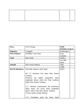 Masa 8.30-9.30 pagi MOD
PEMBELAJARAN
Tingkatan 2 Anggerik Perbincangan
Mata Pelajaran Pendidikan Seni Visual Kerja
kumpulan
Topik Reka bentuk Simulasi
Luar bilik
darjah
Subtopik Reka bentuk landskap TMK
I-think
Hasil Pembelajaran Pada akhir pelajaran murid dapat:
SK 5.2 Eksplorasi Seni dalam Reka Bentuk
Landskap
Eksplorasi dan aplikasi pengetahuan dalam
penghasilan lukisan simbol dan Pelan Landskap
Dalam Reka Bentuk Landskap.
5.2.1 Membuat eksperimentasi dan penerokaan
alatan, bahan, dan proses dalam penghasilan
lukisan simbol Pelan Reka Bentuk Landskap.
i) Proses mereka bentuk landskap
5.2.2 Pendedahan alatan dan bahan dalam
KBAT
 