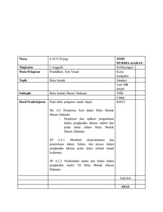 Masa 8.30-9.30 pagi MOD
PEMBELAJARAN
Tingkatan 2 Anggerik Perbincangan
Mata Pelajaran Pendidikan Seni Visual Kerja
kumpulan
Topik Reka bentuk Simulasi
Luar bilik
darjah
Subtopik Reka bentuk Hiasan Dalaman TMK
I-think
Hasil Pembelajaran Pada akhir pelajaran murid dapat:
SK 6.2 Eksplorasi Seni dalam Reka Bentuk
Hiasan Dalaman
- Eksplorasi dan aplikasi pengetahuan
dalam penghasilan lukisan simbol dan
pelan lantai dalam Reka Bentuk
Hiasan Dalaman.
SP 6.2.1 Membuat eksperimentasi dan
penerokaan alatan, bahan, dan proses dalam
penghasilan lukisan pelan lantai sebuah rumah
kediaman.
SP 6.2.2 Pendedahan alatan dan bahan dalam
penghasilan model 3D Reka Bentuk Hiasan
Dalaman.
KBAT
Lain-lain
ARAS
 