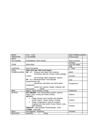 MASA 9.30 – 10.30 MOD PEMBELAJARAN
TINGKATAN 2 AD DAMIRI Perbincangan
MATA
PELAJARAN PENDIDIKAN SENI VISUAL Kerja kumpulan
TOPIK SENI KRAF
Simulasi
Luar bilik darjah
SUBTOPIK SENI SULAMAN
TMK
I – Think
HASIL
PEMBELAJARAN
Pada akhir sesi PDP murid dapat:-
SK – 8.3 Ekspresi Seni dalam Seni Sulaman
Penzahiran idea dan konsep melalui pelbagai
sumber
dan teknologi dalam penjanaan tugasan
SP – 8.3.1 Menterjemahkan hasil daripada
eksperimentasi dan
penerokaan alat bahan dan teknik dalam
penghasilan
produk seni sulaman dengan imaginasi dan
idea secara kreatif
KBAT
Lain-lain:
Aras
Pengetahuan
BBM Napkin, hiasan dinding, uncang Kefahaman
AKTIVITI SET INDUKSI: Guru menunjukkan produk sulaman
napkin meja, uncang dan hiasan dinding
AKTIVITI :
 Pelajar diminta untuk memilih satu daripada
produk (napkin, hiasan dinding, uncang)
 Pelajar menghasilkan sulaman mengikut
imaginasi dan idea sendiri di atas medium yang
telah diberikan.
PENUTUP : Sesi penilaian Pembentangan murid
I-THINK: Peta bulat
Aplikasi
Analisis
Sintesis
NILAI Kesungguhan, kerjasama Penilaian
REFLEKSI Kehadiran : / Orang
 