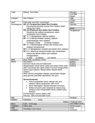 Topik Bidang : Seni Halus Simulasi
Luar Bilik
Darjah
Subtopik Seni Cetakan TMK
i-Think
Hasil
Pembelajaran
Pada akhir sesi PdP, murid dapat :
SK- 4.1 Persepsi Seni dalam Seni Cetakan
Pemahaman terhadap konsep Seni Cetakan dalam
bidang Seni Halus
SK- 4.2 Eksplorasi Seni dalam Seni Cetakan
Eksplorasi dan aplikasi pengetahuan dalam
penghasilan Seni Cetakan
SP 4.1.1 Menjelaskan definisi cetakan
SP 4.1.2 Memperihalkan tentang sejarah
perkembangan seni cetakan:
(i) Pelukis Cetak (ii) Karya Cetakan
SP 4.1.3 Menerangkan prinsip dan konsep seni
cetakan konvensional
SP 4.1.4 Menjelaskan kaedah dan teknik Seni cetakan
SP 4.2.1 Membuat eksperimentasi dan penerokaan
media dan teknik dalam seni cetakan
menggunakan:
(i) Alat (ii) Media (iii) Teknik
KBAT
Lain-lain:
ARAS
Pengetahuan
BBM Buku Teks, Lembaran i-Think Kefahaman
Aktiviti Set induksi :
Kembara Visual (Secara Kolaboratif).
Mengenalpasti kesan jalinan pada permukaan bahan pada
alam semula jadi dan objek buatan manusia menggunakan
teknik capan sebelum diterjemahkan kepada teknik
cetakan.
Murid diminta mengaitkan dapatan pemerhatian dengan
yang gambar yang telah ditunjukkan oleh guru.
Secara Kumpulan
 Demo penghasilan teknik cetakan oleh guru
sebelum aktiviti penghasilan oleh murid
 Murid dibahagikan kepada beberapa kumpulan.
 Setiap kumpulan perlu bergerak ke stesen yang
berbeza untuk menghasilkan teknik cetakan yang
berbeza.
Pembentangan secara “gallery walk”.
Penutup : Sesi rumusan oleh murid.
Aplikasi
Analisis
Sintesis
Nilai Penilaian
Refleksi Kehadiran : / orang
Selasa 7 Februari 2017
Masa 9.30 – 10.30 pagi MOD PEMBELAJARAN
Tingkatan 2 Ibnu sina Perbincangan
Mata
pelajaran
Pendidikan Seni Visual
Kerja
kumpulan
 