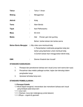 Tahun                      :      Tahun 1 Aman

Bidang                     :      Menggambar


Aktiviti                   :      Kolaj

Tema                       :      Alam Benda

Tajuk                      :      Ikan Peliharaanku

Masa                       :      60 minit

Media                      :      Alat    :Pensel, gam dan gunting

                                  Bahan : kertas lukisan dan kertas warna

Bahan Bantu Mengajar       :i. Klip video cara membuat kolaj
                                  ii. Persembahan multimedia pengertian kolaj dan
                                  bahan yang diperlukan untuk membuat kolaj.
                                  iii.Contoh lukisan ikan menggunakan teknik kolaj.


EMK                        :      Elemen Kreativiti dan Inovatif

STANDARD KANDUNGAN :

        1.    Persepsi dan pemahaman bahasa seni visual (unsur seni warna dan rupa)
        2.    Penzahiran idea melalui pelbagai sumber, kajian dan teknologi dalam
              penghasilan karya
        3.    Apresiasi terhadap karya seni.

STANDARD PEMBELAJARAN :

        1.1 Persepsi Estetik
        1.1 Murid dapat mengenal, menamakan dan memahami bahasa seni visual
            yang terdapat pada karya seni
        1.1.1 unsur seni
        1.1.1.1Garisan- lurus dan melengkung (untuk lakaran)
        1.1.1.2Rupa – organik & geometri
 