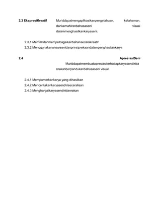 2.3 EkspresiKreatif        Muriddapatmengaplikasikanpengetahuan,        kefahaman,
                           dankemahiranbahasaseni                            visual
                           dalammenghasilkankaryaseni.


      2.3.1 Memilihdanmempelbagaikanbahansecarakreatif
      2.3.2 Menggunakanunsursenidanprinsiprekaandalampenghasilankarya


2.4                                                                  ApresiasiSeni
                                  Muriddapatmembuatapresiasiterhadapkaryasendirida
                           nrakanberpandukanbahasaseni visual.


      2.4.1 Mempamerkankarya yang dihasilkan
      2.4.2 Menceritakankaryasendirisecaralisan
      2.4.3 Menghargaikaryasendiridanrakan
 