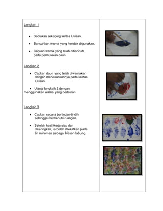 Langkah 1


      Sediakan sekeping kertas lukisan.

      Bancuhkan warna yang hendak digunakan.

      Capkan warna yang telah dibancuh
      pada permukaan daun.


Langkah 2

      Capkan daun yang telah diwarnakan
      dengan menekankannya pada kertas
      lukisan.

     Ulangi langkah 2 dengan
menggunakan warna yang berlainan.



Langkah 3

      Capkan secara bertindan-tindih
      sehingga memenuhi ruangan.

      Setelah hasil kerja siap dan
      dikeringkan, ia boleh dilekatkan pada
      tin minuman sebagai hiasan tabung.
 