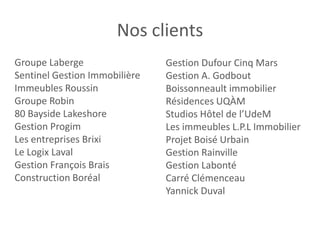 Nos clients
Groupe Laberge                 Gestion Dufour Cinq Mars
Sentinel Gestion Immobilière   Gestion A. Godbout
Immeubles Roussin              Boissonneault immobilier
Groupe Robin                   Résidences UQÀM
80 Bayside Lakeshore           Studios Hôtel de l’UdeM
Gestion Progim                 Les immeubles L.P.L Immobilier
Les entreprises Brixi          Projet Boisé Urbain
Le Logix Laval                 Gestion Rainville
Gestion François Brais         Gestion Labonté
Construction Boréal            Carré Clémenceau
                               Yannick Duval
 