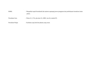 KBKK                 : Mengaitkan aspek biomekanik dan anatomi sepanjang proses pengajaran dan pembelajaran kemahiran lontar
                       peluru.


Persediaan Guru      : Peluru (L:2, P:4), pita ukur (2), ABM , kon (8), marker(25)


Persediaan Pelajar   : Kesihatan yang baik dan pakaian yang sesuai.
 