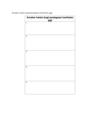 Amalan harian bagi penjagaan kesihatan gigi.
Amalan harian bagi penjagaan kesihatan
gigi
1.
2.
3.
4.
5.
 