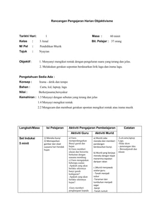 Rancangan Pengajaran Harian Objektivisme
Tarikh/ Hari: 1 Masa : 60 minit
Kelas : 3 Amal Bil. Pelajar : 37 orang
M/ Pel : Pendidikan Muzik
Tajuk : Nyayian
Objektif : 1. Menyanyi mengikut rentak dengan pengeluran suara yang terang dan jelas.
2. Melakukan gerakan sepontan berdasarkan lirik lagu dan irama lagu.
Pengetahuan Sedia Ada :
Konsep : Irama - detik dan tempo
Bahan : Carta, lcd, laptop, lagu
Nilai : Berkerjasama,bersyukur
Kemahiran : 1.3 Menyayi dengan sebutan yang terang dan jelas
1.4 Menyayi mengikut rentak
2.2 Mengecam dan membuat gerakan spontan mengikut rentak atau irama muzik
Langkah/Masa Isi Pelajaran Aktiviti Pengajaran Pembelajaran Catatan
Aktiviti Guru Aktiviti Murid
Set Induksi
5 minit
1) Meneka bunyi
2) Memaparkan
gambar dan sliad
suasana hari hendak
hujan
a) Guru
memperdengarkan
Bunyi guruh dan
hujan.
b) Guru memberi
ulasan dan bercerita
berkaitan dengan
suasana mendung.
c) Guru mengajukan
beberapa soalan
-Apakah yang akan
berlaku sekiranya
bunyi guruh
kedegaran?
-Apakah yang akan
berlaku sekiranya
hujan?
-Guru memberi
penghargaan kepada
a) Murid cuba
meneka dan memberi
pandangan
berdasarkan bunyi.
b) Murid yang berjaya
meneka dengan tepat
menerima tepukan
daripan rakan
c )Murid menjawab
soalan guru.
- Tanah menjadi
subur
-Tanaman dan
tumbuhan menjadi
segar
-banjir
-Tanah runtuh
-Lcd.carta,laptop
Lagu.
-Slide show
- penerangan idea
- Bersoaljawab dan
ulasan
 