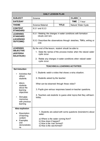 DAILY LESSON PLAN
SUBJECT Science CLASS 5
DATE/DAY TIME 1 hour
THEME Science Material TITLE Natural Water Cycle
CONTENT
STANDARD
9.3.1 and 9.3.3
LEARNING
STANDARD
(LEARNING
OUTCOME)
9.3.1 Relating the changes in water conditions with formation
clouds and rain.
9.3.3 Describes the observations through sketches, TMKs, writing or
oral.
LEARNING
OBJECTIVE
(KRITERIA
KEJAYAAN )
By the end of the lesson, student should be able to:
1. State the names of the process involve when the natural water
cycle occur.
2. Relate any changes in water conditions when natural water
cycle occur.
TEACHING & LEARNING ACTIVITIES
Set Induction
• Activities that
attract
students
• Inform
students
about the
learning
objectives
• Stimulate
memories
with previous
learning
1. Students watch a video that shows a rainy situation.
2. Students asked by the teacher:
What can be observed through those video?
3. Pupils give various responses based on teacher questions.
4. Teachers ask students to guess what topics that they will learn
today.
Idea explosion
 Description
of learning
content
 Examples
and
demonstratio
ns
1. Students are asked with some questions (brainstorm) about
water:
a) Where is the water coming from?
b) How does it happen?
c) How is the river formed?
d) How is the sea formed?
 