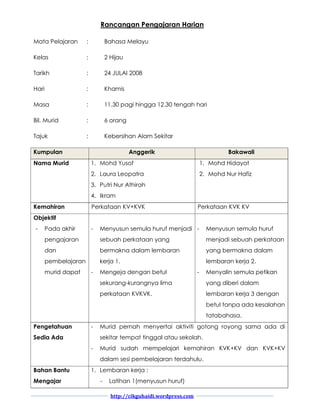 Rancangan Pengajaran Harian

Mata Pelajaran        :           Bahasa Melayu

Kelas                 :           2 Hijau

Tarikh                :           24 JULAI 2008

Hari                  :           Khamis

Masa                  :           11.30 pagi hingga 12.30 tengah hari

Bil. Murid            :           6 orang

Tajuk                 :           Kebersihan Alam Sekitar

Kumpulan                                    Anggerik                               Bakawali
Nama Murid                1. Mohd Yusof                                   1. Mohd Hidayat
                          2. Laura Leopatra                               2. Mohd Nur Hafiz
                          3. Putri Nur Athirah
                          4. Ikram
Kemahiran                 Perkataan KV+KVK                            Perkataan KVK KV
Objektif
-      Pada akhir         -   Menyusun semula huruf menjadi -               Menyusun semula huruf
       pengajaran             sebuah perkataan yang                         menjadi sebuah perkataan
       dan                    bermakna dalam lembaran                       yang bermakna dalam
       pembelajaran           kerja 1.                                      lembaran kerja 2.
       murid dapat        -   Mengeja dengan betul                    -     Menyalin semula petikan
                              sekurang-kurangnya lima                       yang diberi dalam
                              perkataan KVKVK.                              lembaran kerja 3 dengan
                                                                            betul tanpa ada kesalahan
                                                                            tatabahasa.
Pengetahuan               -   Murid pernah menyertai aktiviti gotong royong sama ada di
Sedia Ada                     sekitar tempat tinggal atau sekolah.
                          -   Murid sudah mempelajari kemahiran KVK+KV dan KVK+KV
                              dalam sesi pembelajaran terdahulu.
Bahan Bantu               1. Lembaran kerja :
Mengajar                      -    Latihan 1(menyusun huruf)

                                    http://cikguhaidi.wordpress.com
 