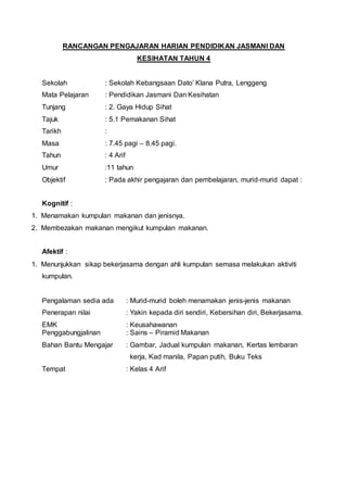 RANCANGAN PENGAJARAN HARIAN PENDIDIKAN JASMANI DAN 
KESIHATAN TAHUN 4 
Sekolah : Sekolah Kebangsaan Dato’ Klana Putra, Lenggeng 
Mata Pelajaran : Pendidikan Jasmani Dan Kesihatan 
Tunjang : 2. Gaya Hidup Sihat 
Tajuk : 5.1 Pemakanan Sihat 
Tarikh : 
Masa : 7.45 pagi – 8.45 pagi. 
Tahun : 4 Arif 
Umur :11 tahun 
Objektif : Pada akhir pengajaran dan pembelajaran, murid-murid dapat : 
Kognitif : 
1. Menamakan kumpulan makanan dan jenisnya. 
2. Membezakan makanan mengikut kumpulan makanan. 
Afektif : 
1. Menunjukkan sikap bekerjasama dengan ahli kumpulan semasa melakukan aktiviti 
kumpulan. 
Pengalaman sedia ada : Murid-murid boleh menamakan jenis-jenis makanan 
Penerapan nilai : Yakin kepada diri sendiri, Kebersihan diri, Bekerjasama. 
EMK : Keusahawanan 
Penggabungjalinan : Sains – Piramid Makanan 
Bahan Bantu Mengajar : Gambar, Jadual kumpulan makanan, Kertas lembaran 
kerja, Kad manila, Papan putih, Buku Teks 
Tempat : Kelas 4 Arif 
 