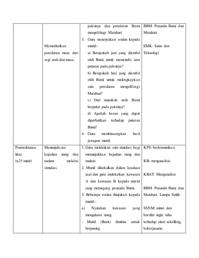 RPH Sains Tahun 5 Topik 11 - 11.1 Pergerakan Bumi