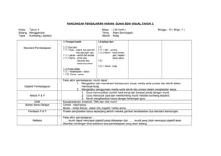 RANCANGAN PENGAJARAN HARIAN DUNIA SENI VISUAL TAHUN 3. 
Kelas : Tahun 3 Masa : ( 60 minit ) Minggu : 15 ( Bhgn. 1 ) 
Bidang : Menggambar Tema : Alam Semulajadi. 
Tajuk : Kumbang Ladybird. Aktiviti : Kolaj. 
Standard Pembelajaran 
: 
1.1 Persepsi Estetik : 
1.1.1 Unsur seni 
1.1.1.1 Rupa – organik atau geometri 
atau gabungan rupa. 
1.1.1.2 Jalinan – sentuh dan tampak 
1.1.1.3 Warna - primer atau 
sekunder atau 
kedua-dua warna. 
1.1.2 Prinsip rekaan 
1.1.2.1 Kepelbagaian – bahan. 
1.1.2.2 Kontra – warna. 
1.2 Aplikasi Seni : 
1.2.1 
1.1.2.1 Alat – gunting. 
1.1.2.2 Bahan – kertas lukisan, 
gam, majalah / 
kertas warna. 
1.2.2 
1.2.2.1 Teknik – Kolaj. 
Objektif Pembelajaran 
: Pada akhir pembelajaran, murid dapat : 
1. Mengetahui dan memahami bahasa seni visual, media serta proses dan teknik dalam 
membuat kolaj. 
2. Mengetahui penggunaan media serta teknik dan proses dalam penghasilan karya. 
Aktiviti P & P 
: 1. Guru menunjukkan contoh hasil karya dan bersoal jawab dengan murid. 
2. Guru menunjuk cara dan membimbing murid melukis kumbang ladybird. 
3. Murid menghasilkan karya dengan bimbingan guru. 
EMK : Keusahawanan, kreativiti, TMK dan nilai murni. 
Bahan Bantu Belajar : Contoh : hasil karya. 
Media : kertas lukisan, alatan tulis, majalah / kertas warna. 
Penilaian P & P : Proses penghasilan karya sepanjang aktiviti melukis gambar berdasarkan dua standard kandungan. 
Refleksi 
: Pada akhir pembelajaran : 
....... murid dapat mencapai objektif yang ditetapkan dan ....... murid yang tidak mencapai objektif akan 
diberikan bimbingan khas sebelum sesi pembelajaran yang akan datang. 
 