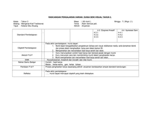 RANCANGAN PENGAJARAN HARIAN DUNIA SENI VISUAL TAHUN 3. 
Kelas : Tahun 3 Masa : ( 60 minit ) Minggu : 7 ( Bhgn. 2 ) 
Bidang : Mengenal Kraf Tradisional. Tema : Alam Semula jadi. 
Tajuk : Kelarai Siku Kluang. Aktiviti : Anyaman. 
Standard Pembelajaran 
: 
4.3. Ekspresi Kreatif 
4.3.1. 
4.3.2. 
4.3.3. 
4.4. Apresiasi Seni 
4.4.1. 
4.4.2. 
4.4.3. 
Objektif Pembelajaran 
: Pada akhir pembelajaran, murid dapat : 
1. Murid dapat mengaplikasikan pengetahuan bahasa seni visual, kefahaman media, serta kemahiran teknik 
dan proses dalam menghasilkan karya seni dalam bentuk 3D. 
2. Mempamerkan dan menceritakan hasil karya sendiri dan rakan. 
Aktiviti P & P 
: 1 Guru menunjukkan contoh hasil karya dan bersoal jawab dengan murid. 
2. Guru menunjuk cara dan membimbing murid dalam penghasilan karya.. 
3. Murid mempamerkan dan menceritakan hasil karya sendiri dan rakan. 
EMK : Keusahawanan, kreativiti dan inovatif, dan nilai murni. 
Bahan Bantu Belajar : Contoh : hasil karya. 
Media : kertas warna, gam, kertas lukisan. 
Penilaian P & P : Proses penghasilan karya sepanjang aktiviti anyaman berdasarkan empat standard kandungan. 
Refleksi 
: Pada akhir pembelajaran : 
....... murid dapat mencapai objektif yang telah ditetapkan. 
 