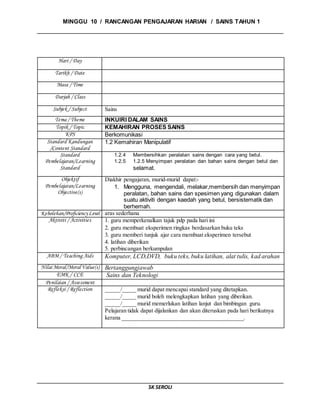 MINGGU 10 / RANCANGAN PENGAJARAN HARIAN / SAINS TAHUN 1
SK SEROLI
Hari / Day
Tarikh / Date
Masa / Time
Darjah / Class
Subjek / Subject Sains
Tema / Theme INKUIRI DALAM SAINS
Topik / Topic KEMAHIRAN PROSES SAINS
KPS Berkomunikasi
Standard Kandungan
/Content Standard
1.2 Kemahiran Manipulatif
Standard
Pembelajaran/Learning
Standard
1.2.4 Membersihkan peralatan sains dengan cara yang betul.
1.2.5 1.2.5 Menyimpan peralatan dan bahan sains dengan betul dan
selamat.
Objektif
Pembelajaran/Learning
Objective(s)
Diakhir pengajaran, murid-murid dapat:-
1. Mengguna, mengendali, melakar,membersih dan menyimpan
peralatan, bahan sains dan spesimen yang digunakan dalam
suatu aktiviti dengan kaedah yang betul, bersistematik dan
berhemah.
Kebolehan/ProficiencyLevel aras sederhana
Aktiviti / Activities 1. guru memperkenalkan tajuk pdp pada hari ini
2. guru membuat eksperimen ringkas berdasarkan buku teks
3. guru memberi tunjuk ajar cara membuat eksperimen tersebut
4. latihan diberikan
5. perbincangan berkumpulan
ABM / Teaching Aids Komputer, LCD,DVD, buku teks, buku latihan, alat tulis, kad arahan
Nilai Moral/Moral Value(s) Bertanggungjawab
EMK / CCE Sains dan Teknologi
Penilaian / Assessment
Refleksi / Reflection _____/_____ murid dapat mencapai standard yang ditetapkan.
_____/_____ murid boleh melengkapkan latihan yang diberikan.
_____/_____ murid memerlukan latihan lanjut dan bimbingan guru.
Pelajaran tidak dapat dijalankan dan akan diteruskan pada hari berikutnya
kerana __________________________________________.
 