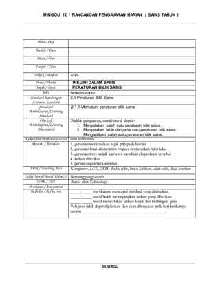 MINGGU 12 / RANCANGAN PENGAJARAN HARIAN / SAINS TAHUN 1
SK SEROLI
Hari / Day
Tarikh / Date
Masa / Time
Darjah / Class
Subjek / Subject Sains
Tema / Theme INKUIRI DALAM SAINS
Topik / Topic PERATURAN BILIK SAINS
KPS Berkomunikasi
Standard Kandungan
/Content Standard
2.1 Peraturan Bilik Sains
Standard
Pembelajaran/Learning
Standard
2.1.1 Mematuhi peraturan bilik sains
Objektif
Pembelajaran/Learning
Objective(s)
Diakhir pengajaran, murid-murid dapat:-
1. Menyatakan salah satu peraturan bilik sains.
2. Menyatakan lebih daripada satu peraturan bilik sains.
Mengaplikasi salah satu peraturan bilik sains.
Kebolehan/Proficiency Level aras sederhana
Aktiviti / Activities 1. guru memperkenalkan tajuk pdp pada hari ini
2. guru membuat eksperimen ringkas berdasarkan buku teks
3. guru memberi tunjuk ajar cara membuat eksperimen tersebut
4. latihan diberikan
5. perbincangan berkumpulan
ABM / Teaching Aids Komputer, LCD,DVD, buku teks, buku latihan, alat tulis, kad arahan
Nilai Moral/Moral Value(s) Bertanggungjawab
EMK / CCE Sains dan Teknologi
Penilaian / Assessment
Refleksi / Reflection _____/_____ murid dapat mencapai standard yang ditetapkan.
_____/_____ murid boleh melengkapkan latihan yang diberikan.
_____/_____ murid memerlukan latihan lanjut dan bimbingan guru.
Pelajaran tidak dapat dijalankan dan akan diteruskan pada hari berikutnya
kerana __________________________________________.
 