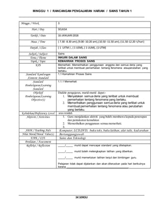 MINGGU 1 / RANCANGAN PENGAJARAN HARIAN / SAINS TAHUN 1
SK SEROLI
Minggu / Week 3
Hari / Day SELASA
Tarikh / Date 16 JANUARI2018
Masa / Time ( 7.30 -8.30 am),(9.00 -10.20 am),(10.50 -11.50 am),(11.50-12.20 t/hari)
Darjah / Class ( 1 UITM ) , ( 1 USM), ( 1 UUM), (1 UTM)
Subjek / Subject Sains
Tema / Theme INKUIRI DALAM SAINS
Topik / Topic KEMAHIRAN PROSES SAINS
KPS Memerhati- Memerihalkan penggunaan anggota dan semua deria yang
terlibat untuk membuat pemerhatian tentang fenomena atauperubahan yang
berlaku.
Standard Kandungan
/Content Standard
1.1 Kemahiran Proses Sains
Standard
Pembelajaran/Learning
Standard
1.1.1 Memerhati
Objektif
Pembelajaran/Learning
Objective(s)
Diakhir pengajaran, murid-murid dapat:-
1. Menyatakan semua deria yang terlibat untuk membuat
pemerhatian tentang fenomena yang berlaku.
2. Memerihalkan penggunaan semua deria yang terlibat untuk
membuat pemerhatian tentang fenomena atau perubahan
yang berlaku.
Kebolehan/Proficiency Level aras rendah
Aktiviti / Activities 1. Guru menjalankan aktiviti yang boleh membawa kepada penerapan
dan pentaksiran kemahiran
2. Memerihalkan penggunaan semua memerhati.
3.
ABM / Teaching Aids Komputer, LCD,DVD, buku teks, buku latihan, alat tulis, kad arahan
Nilai Moral/Moral Value(s) Bertanggungjawab
EMK / CCE Sains dan Teknologi
Penilaian / Assessment
Refleksi / Reflection _____/_____ murid dapat mencapai standard yang ditetapkan.
_____/_____ murid boleh melengkapkan latihan yang diberikan.
_____/_____ murid memerlukan latihan lanjut dan bimbingan guru.
Pelajaran tidak dapat dijalankan dan akan diteruskan pada hari berikutnya
kerana __________________________________________.
 