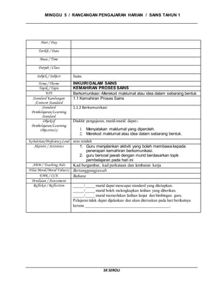 MINGGU 5 / RANCANGAN PENGAJARAN HARIAN / SAINS TAHUN 1
SK SEROLI
Hari / Day
Tarikh / Date
Masa / Time
Darjah / Class
Subjek / Subject Sains
Tema / Theme INKUIRI DALAM SAINS
Topik / Topic KEMAHIRAN PROSES SAINS
KPS Berkomunikasi -Merekod maklumat atau idea dalam sebarang bentuk
Standard Kandungan
/Content Standard
1.1 Kemahiran Proses Sains
Standard
Pembelajaran/Learning
Standard
1.1.2 Berkomunikasi
Objektif
Pembelajaran/Learning
Objective(s)
Diakhir pengajaran, murid-murid dapat:-
1. Menyatakan maklumat yang diperoleh.
2. Merekod maklumat atau idea dalam sebarang bentuk.
Kebolehan/ProficiencyLevel aras rendah
Aktiviti / Activities 1. Guru menjalankan aktiviti yang boleh membawa kepada
penerapan kemahiran berkomunikasi.
2. guru bersoal jawab dengan murid berdasarkan topik
pembelajaran pada hari ini
ABM / Teaching Aids Kad bergambar, kad perkataan dan lembaran kerja
Nilai Moral/Moral Value(s) Bertanggungjawab
EMK / CCE Bahasa
Penilaian / Assessment
Refleksi / Reflection _____/_____ murid dapat mencapai standard yang ditetapkan.
_____/_____ murid boleh melengkapkan latihan yang diberikan.
_____/_____ murid memerlukan latihan lanjut dan bimbingan guru.
Pelajaran tidak dapat dijalankan dan akan diteruskan pada hari berikutnya
kerana __________________________________________.
 