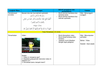 Langkah/ Masa Isi Kandungan
Aktiviti pengajaran dan
pembelajaran
Catatan
Pendahuluan
(5 minit)
Bacaan doa dan dua kalimah syahadah.
ِ‫م‬‫ِي‬‫ح‬َّ‫الر‬ ِ‫ن‬َ‫م‬ِ‫ح‬َّ‫الر‬ ِ‫هلل‬‫ا‬ ِ‫م‬ِ‫س‬ِ‫ب‬
َّ‫ُم‬‫ه‬‫َّل‬‫َل‬‫ا‬"ْْ‫ح‬َ‫ت‬ْ‫اف‬‫ِن‬‫م‬ ‫َا‬‫ن‬‫َي‬‫ل‬َ‫ع‬ ‫ُر‬‫ش‬ِ‫ن‬‫َا‬‫و‬ َ‫ك‬َ‫ت‬َ‫م‬ْ‫ك‬ِ‫ح‬ ‫َا‬‫ن‬ِ‫ي‬َ‫ل‬َ‫ع‬ِْ‫ن‬ِ‫ائ‬َ‫ز‬َ‫خ‬
."َ‫ني‬ِِ‫ْح‬َّ‫ْالر‬َ‫م‬َ‫ح‬ْ‫َر‬‫أ‬ْ‫ا‬َ‫ْي‬َ‫ك‬ِ‫ت‬َْ‫ْح‬َ‫ر‬ْ
‫باخا‬‫ء‬
‫ن‬ْ:‫شهادة‬ْ
َّْ‫ال‬ِ‫إ‬َْ‫ه‬َ‫ل‬َ‫إ‬َْ‫ال‬ْ‫َن‬‫أ‬ُْ‫د‬َ‫ه‬ْ‫ش‬َ‫ا‬‫ْاهلل‬ُ‫ول‬ُ‫س‬َّ‫ْر‬ً‫د‬َّ‫م‬َُ‫ُْم‬َّ‫َن‬‫أ‬ُْ‫د‬َ‫ه‬ْ‫ش‬َ‫أ‬َ‫ْو‬َ‫اهلل‬
- Murid diminta membaca doa
beramai-ramai.
- Murid diminta membaca dua
kalimah syahadah.
Nilai : Bersungguh-
sungguh
Fasa Persediaan (10 minit)
Pemerhatian Video :
Soalan :
1. Video ini mengenai apa?
2. Siapakah yang pernah menonton video ini
sebelum ini?
3. Pernahkah kamu menjadi imam?
- Murid ditunjukkan video.
- Murid disoal tentang video
tersebut.
- Jawapan murid dikaitkan
dengan tajuk pelajaran.
Nilai : Menumpukan
perhatian
Bahan : Video
Kaedah : Soal Jawab
 