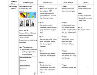 Langkah /
                     Isi Kandungan                      Aktiviti Guru            Aktiviti Pelajar                  Catatan
   Masa
Set Induksi   Tayangan Gambar                  Guru:                         Pelajar:                   KPS/KBKK:
  (5 Minit)   a) Bendera dan Peta               Memulakan pengajaran dan       Melihat gambar yang        membuat Interpretasi
              Malaysia                          pembelajaran (P&P)             dipamerkan oleh guru.
                                                dengan mempamerkan                                        BBM :
                                                gambar Bendera Sarawak                                    Gambar Bendera dan
                                                dan Keluarga Brooke                                       Keluarga Brooke, slide
              b) Gambar Keluarga Brooke
                                                                                                          “power point”
                                               Guru:                         Pelajar:
                                                Menanyakan soalan              Menjawab pertanyaan
                                                berkenaan gambar-gambar        guru tentang gambar-       NILAI:
                                                yang dipaparkan di papan       gambar yang dipaparkan     Patuh pada arahan.
              Tajuk: Bab 4
                                                putih                          oleh guru di papan putih
              Kekayaan Ekonomi Sarawak
              mendorong penjajahan
                                               Guru:                         Pelajar:
              keluarga Brooke.
                                                Menayangkan slide “power       Melihat slide “power
              (Perpecahan membuka ruang
                                                point” berkenaan gambar        point” yang telah
              penjajahan)
                                                dan tajuk yang akan            disediakan oleh guru
                                                dipelajari.
              Hasil Pembelajaran :
               i)   Menyatakan 2 perjanjian
                                               Guru:                         Pelajar:
                    penting yang membuka
                                                Bertanya tentang apakah        Menjawab pertanyaan
                    peluang kepada
                                                tajuk yang akan dipelajari     guru tentang tajuk yang
                   keluarga James Brooke.
                Perjanjian pertama:                                            akan dipelajari
                Perjanjian………………………
               ii) Memperihalkan
                ……………………………………..               Guru:
                   peristiwa yang
                Perjanjian kedua:               Memberitahu hasil             Pelajar:
                   membawa kepada
                                                                                                                          3
                                                pembelajaran yang harus        Mendengar dengan teliti
                   pengambilan Sarawak
                Perjanjian………………………
                                                dicapai oleh pelajar pada
                   oleh James Brooke.
                ……………………………………..
                                                hari ini.
 