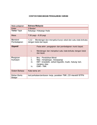 CONTOH RANCANGAN PENGAJARAN HARIAN
Mata pelajaran Bahasa Malaysia
Kelas 2 Bestari
Tema/ Tajuk Keluarga / Keluarga Huda
Masa 7.30 pagi – 8.30 pagi
Standard
Pembelajaran
1.2.2 : Mendengar dan menyebut bunyi vokal dan suku kata terbuka
dengan betul dan tepat.
Objektif Pada akhir pengajaran dan pembelajaran murid dapat;
i. Mendengar dan menyebut suku kata terbuka dengan betul
dan tepat.
Pengisian
Kurikulum
i. Ilmu : Pendidikan Moral
ii. Nilai : menghargai, menyayangi
iii. KBT : kinestetik, verbal linguistik, muzik, hubung kait,
menjana idea
iv. EMK - TMK
Sistem Bahasa Kata nama am
Bahan Bantu
Belajar
kad perkataan,lembaran kerja, peralatan TMK ,CD interaktif BTPN
 