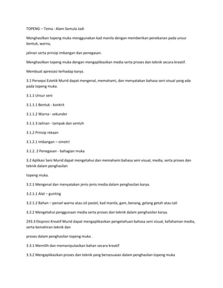 TOPENG – Tema : Alam Semula Jadi
Menghasilkan topeng muka menggunakan kad manila dengan memberikan penekanan pada unsur
bentuk, warna,
jalinan serta prinsip imbangan dan penegasan.
Menghasilkan topeng muka dengan mengaplikasikan media serta proses dan teknik secara kreatif.
Membuat apresiasi terhadap karya.
3.1 Persepsi Estetik Murid dapat mengenal, memahami, dan menyatakan bahasa seni visual yang ada
pada topeng muka.
3.1.1 Unsur seni
3.1.1.1 Bentuk - konkrit
3.1.1.2 Warna - sekunder
3.1.1.3 Jalinan - tampak dan sentuh
3.1.2 Prinsip rekaan
3.1.2.1 Imbangan – simetri
3.1.2. 2 Penegasan - bahagian muka
3.2 Aplikasi Seni Murid dapat mengetahui dan memahami bahasa seni visual, media, serta proses dan
teknik dalam penghasilan
topeng muka.
3.2.1 Mengenal dan menyatakan jenis-jenis media dalam penghasilan karya.
3.2.1.1 Alat – gunting
3.2.1.2 Bahan – pensel warna atau oil pastel, kad manila, gam, benang, gelang getah atau tali
3.2.2 Mengetahui penggunaan media serta proses dan teknik dalam penghasilan karya.
293.3 Ekspresi Kreatif Murid dapat mengaplikasikan pengetahuan bahasa seni visual, kefahaman media,
serta kemahiran teknik dan
proses dalam penghasilan topeng muka .
3.3.1 Memilih dan memanipulasikan bahan secara kreatif
3.3.2 Mengaplikasikan proses dan teknik yang bersesuaian dalam penghasilan topeng muka
 