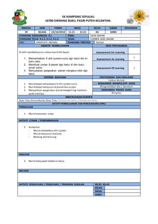 SK KAMPONG SEPULAU
16700 CHERANG RUKU, PASIR PUTEH KELANTAN.
MINGGU HARI TARIKH MASA KELAS SUBJEK KEHADIRAN
39 SELASA 23/10/2018 11.15 - 12.15 4A SAINS
STANDARD KANDUNGAN: 9.1 TEMA: SAINS BAHAN
STANDARD PEmb: 9.1.1, 9.1.2, 9.1.3 TAJUK: SUMBER ASAS BAHAN
EMK: KREATIVITI INOVASI STANDARD PRESTASI Tp4,tp5
OBJEKTIF PEMBELAJARAN MOD PENTAKSIRAN
Di akhir pembelajaran,semua murid 4A dapat:
1. Memerihalkan 6 ahli system suria dgn betul did lm
buku teks.
2. Membuat urutan 8 planet dgn betul di dlm buku
amali sains.
3. Menyatakan pergerakan planet mengikut orbit dgn
betul.
Assessement For Learning
Assessement As Learning
/
Assessement Of Learning /
KRITERIA KEJAYAAN PENTAKSIRAN DAN PENILAIAN
1. Murid dapatmenyatakan 6 ahli systemsuria.
2. Murid dapatmenyusun 8 planetikut urutan.
3. Menyatakan pergerakan planetmengelilingi matahari
pada orbitnya.
Latihan Bertulis
KEMAHIRAN MANIPULATIF SAINS
Mengendalikan Alat / Spesimen
KEMAHIRAN PROSES SAINS
Mengelas
BBM/RUJUKAN/SUMBER
Buku Teks, Kertas Manila, Buku Teks, Choose an item.,Choose anitem.
AKTIVITI PEMBELAJARAN DAN PEMUDAHCARA (PdPc)
PERMULAAN
1. Murid menonton video
AKTIVITI UTAMA / PERKEMBANGAN
3. Kumpulan
- Murid melabelkan ahli system
- Murid menyusun 8 planet
- Bentang dan bincang
PENUTUP
3. Murid menjawab lembaran kerja.
REFLEKSI
AKTIVITI PENGAYAAN / PEMULIHAN / TINDAKAN SUSULAN RELIEF KELAS
KELAS:
MASA:
GURU:
 