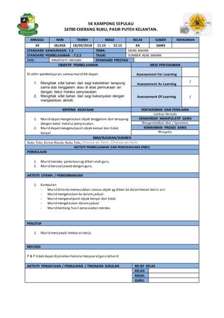 SK KAMPONG SEPULAU
16700 CHERANG RUKU, PASIR PUTEH KELANTAN.
MINGGU HARI TARIKH MASA KELAS SUBJEK KEHADIRAN
34 SELASA 18/09/2018 11.15 - 12.15 4A SAINS
STANDARD KANDUNGAN: 7.2 TEMA: SAINS BAHAN
STANDARD PEMBELAJARAN : 7.2.2 TAJUK: SUMBER ASAS BAHAN
EMK: KREATIVITI INOVASI STANDARD PRESTASI
OBJEKTIF PEMBELAJARAN MOD PENTAKSIRAN
Di akhir pembelajaran,semua murid 4A dapat:
1. Mengitlak sifat bahan dari segi kebolehan terapung
sama ada tenggelam atau di atas permukaan air
dengan betul melalui penyiasatan.
2. Mengitlak sifat bahan dari segi kekenyalan dengan
menjalankan aktiviti.
Assessement For Learning
Assessement As Learning
/
Assessement Of Learning /
KRITERIA KEJAYAAN PENTAKSIRAN DAN PENILAIAN
1. Murid dapatmengelaskan objek tenggelam dan terapung
dengan betul melalui penyiasatan.
2. Murid dapatmengenalpasti objek kenyal dan tidak
kenyal.
Latihan Bertulis
KEMAHIRAN MANIPULATIF SAINS
Mengendalikan Alat / Spesimen
KEMAHIRAN PROSES SAINS
Mengelas
BBM/RUJUKAN/SUMBER
Buku Teks, Kertas Manila, Buku Teks, Choose an item.,Choose anitem.
AKTIVITI PEMBELAJARAN DAN PEMUDAHCARA (PdPc)
PERMULAAN
1. Murid meneka perkataan yg diberi oleh guru.
2. Murid bersoaljawab dengan guru.
AKTIVITI UTAMA / PERKEMBANGAN
1. Kumpulan
- Murid diminta memasukkan semua objek yg diberi ke dalambesen berisi airi
- Murid mengelaskan ke dalamjadual.
- Murid mengenalpasti objek kenyal dan tidak
- Murid mengelaskan dalamjadual
- Murid bentang hasil penyiasatan mereka.
PENUTUP
1. Murid menjawab lembaran kerja.
REFLEKSI
P & P tidak dapatdijalankan kerana mesyuaratguru tahun 6
AKTIVITI PENGAYAAN / PEMULIHAN / TINDAKAN SUSULAN RELIEF KELAS
KELAS:
MASA:
GURU:
 