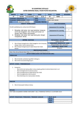 SK KAMPONG SEPULAU
16700 CHERANG RUKU, PASIR PUTEH KELANTAN.
MINGGU HARI TARIKH MASA KELAS SUBJEK KEHADIRAN
37 SELASA 07/10/2018 11.15 - 12.15 4A SAINS
STANDARD KANDUNGAN: 7.2 TEMA: SAINS BAHAN
STANDARD PEMBELAJARAN : 7.2.2 TAJUK: SUMBER ASAS BAHAN
EMK: KREATIVITI INOVASI STANDARD PRESTASI
OBJEKTIF PEMBELAJARAN MOD PENTAKSIRAN
Di akhir pembelajaran,semua murid 4A dapat:
1. Mengitlak sifat bahan dari segi kebolehan terapung
sama ada tenggelam atau di atas permukaan air
dengan betul melalui penyiasatan.
2. Mengitlak sifat bahan dari segi kekenyalan dengan
menjalankan aktiviti.
Assessement For Learning
Assessement As Learning
/
Assessement Of Learning /
KRITERIA KEJAYAAN PENTAKSIRAN DAN PENILAIAN
1. Murid dapatmengelaskan objek tenggelam dan terapung
dengan betul melalui penyiasatan.
2. Murid dapatmengenalpasti objek kenyal dan tidak
kenyal.
Latihan Bertulis
KEMAHIRAN MANIPULATIF SAINS
Mengendalikan Alat / Spesimen
KEMAHIRAN PROSES SAINS
Mengelas
BBM/RUJUKAN/SUMBER
Buku Teks, Kertas Manila, Buku Teks, Choose an item.,Choose anitem.
AKTIVITI PEMBELAJARAN DAN PEMUDAHCARA (PdPc)
PERMULAAN
1. Murid meneka perkataan yg diberi oleh guru.
2. Murid bersoaljawab dengan guru.
AKTIVITI UTAMA / PERKEMBANGAN
1. Kumpulan
- Murid diminta memasukkan semua objek yg diberi ke dalambesen berisi airi
- Murid mengelaskan ke dalamjadual.
- Murid mengenalpasti objek kenyal dan tidak
- Murid mengelaskan dalamjadual
- Murid bentang hasil penyiasatan mereka.
PENUTUP
3. Murid menjawab lembaran kerja.
REFLEKSI
PDP TIDAK DIJALANKAN KERANA MESYUARAT KALI 1 PEMERIKSA KERTAS 8-11 OKTOBER 2018
AKTIVITI PENGAYAAN / PEMULIHAN / TINDAKAN SUSULAN RELIEF KELAS
KELAS:
MASA:
GURU:
 