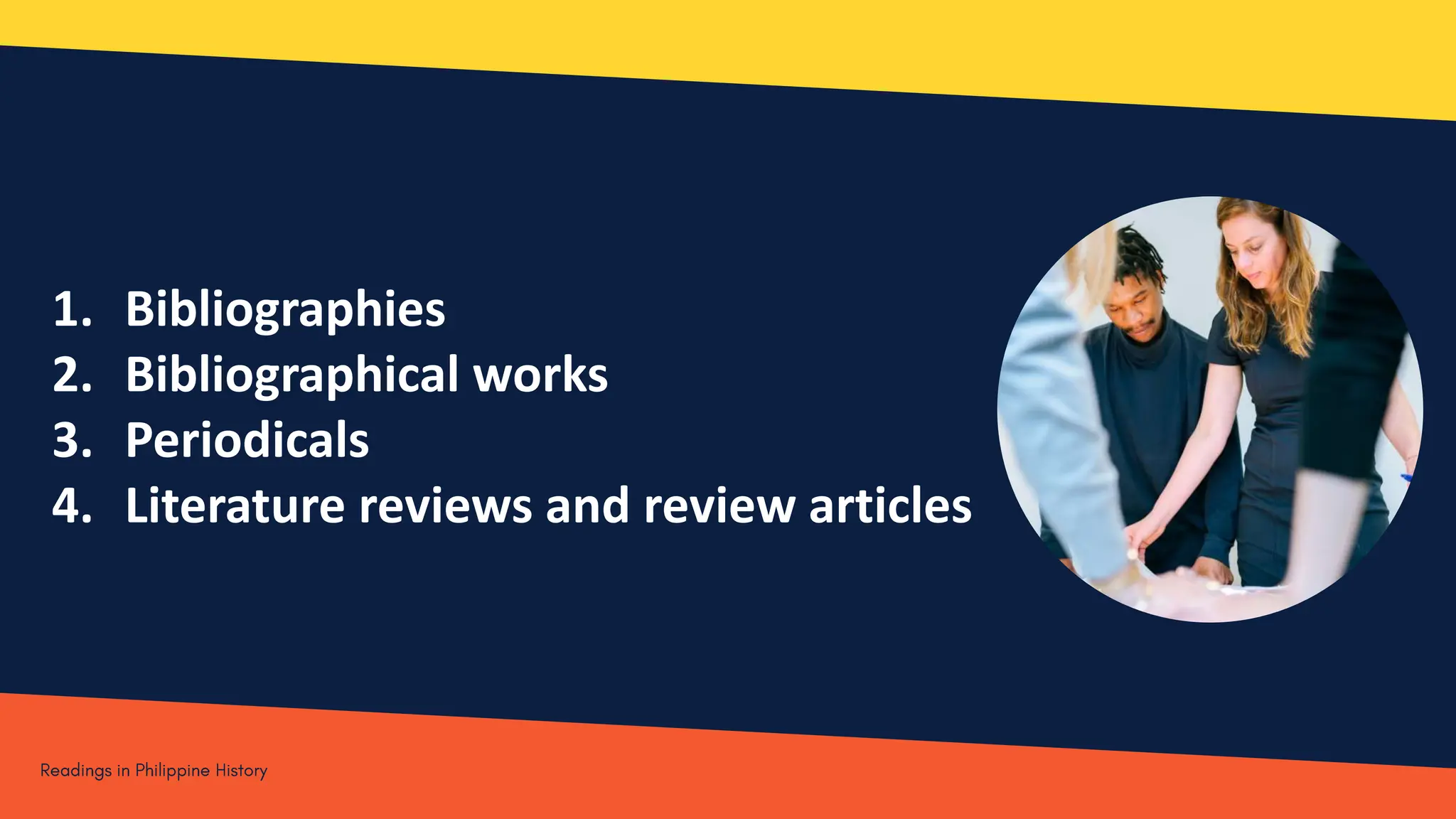 1. Bibliographies
2. Bibliographical works
3. Periodicals
4. Literature reviews and review articles
 