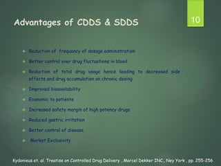 Advantages of CDDS & SDDS
 Reduction of frequency of dosage administration
 Better control over drug fluctuations in blood
 Reduction of total drug usage hence leading to decreased side
effects and drug accumulation on chronic dosing
 Improved bioavailability
 Economic to patients
 Increased safety margin of high potency drugs
 Reduced gastric irritation
 Better control of disease
 Market Exclusivity
10
Kydonieus et. al. Treatise on Controlled Drug Delivery , Marcel Dekker INC., Ney York , pp. 255-256
 