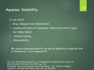 Aqueous Solubility
It can affect
 Drug Release from CDDS/SDDS
 Loading efficiency of Liposomes & Micro particles if used
for CDDS/SDDS
 Polymer Coating
 Bioavailability
15
We require Aqueous solubility as well as solubility at desired Site
of Absorption i.e at required PH
Lee et.al. Controlled Drug Delivery: Fundamentals and Applications, Volume 29
Marcel Dekker INC, New York, 1987, pp. 3-19
Remington : the science and practice of pharmacy , 20th edition, Volume 1,
Lippincott Williams and Wilkins, New York , pp. 903-910
 