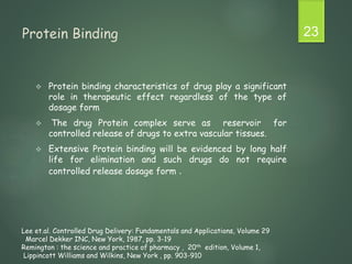 Protein Binding
 Protein binding characteristics of drug play a significant
role in therapeutic effect regardless of the type of
dosage form
 The drug Protein complex serve as reservoir for
controlled release of drugs to extra vascular tissues.
 Extensive Protein binding will be evidenced by long half
life for elimination and such drugs do not require
controlled release dosage form .
23
Lee et.al. Controlled Drug Delivery: Fundamentals and Applications, Volume 29
Marcel Dekker INC, New York, 1987, pp. 3-19
Remington : the science and practice of pharmacy , 20th edition, Volume 1,
Lippincott Williams and Wilkins, New York , pp. 903-910
 