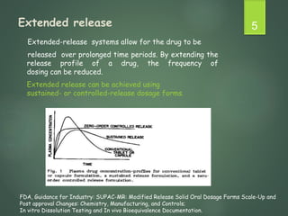 Extended release
Extended-release systems allow for the drug to be
released over prolonged time periods. By extending the
release profile of a drug, the frequency of
dosing can be reduced.
Extended release can be achieved using
sustained- or controlled-release dosage forms.
5
FDA, Guidance for Industry: SUPAC-MR: Modified Release Solid Oral Dosage Forms Scale-Up and
Post approval Changes: Chemistry, Manufacturing, and Controls;
In vitro Dissolution Testing and In vivo Bioequivalence Documentation.
 