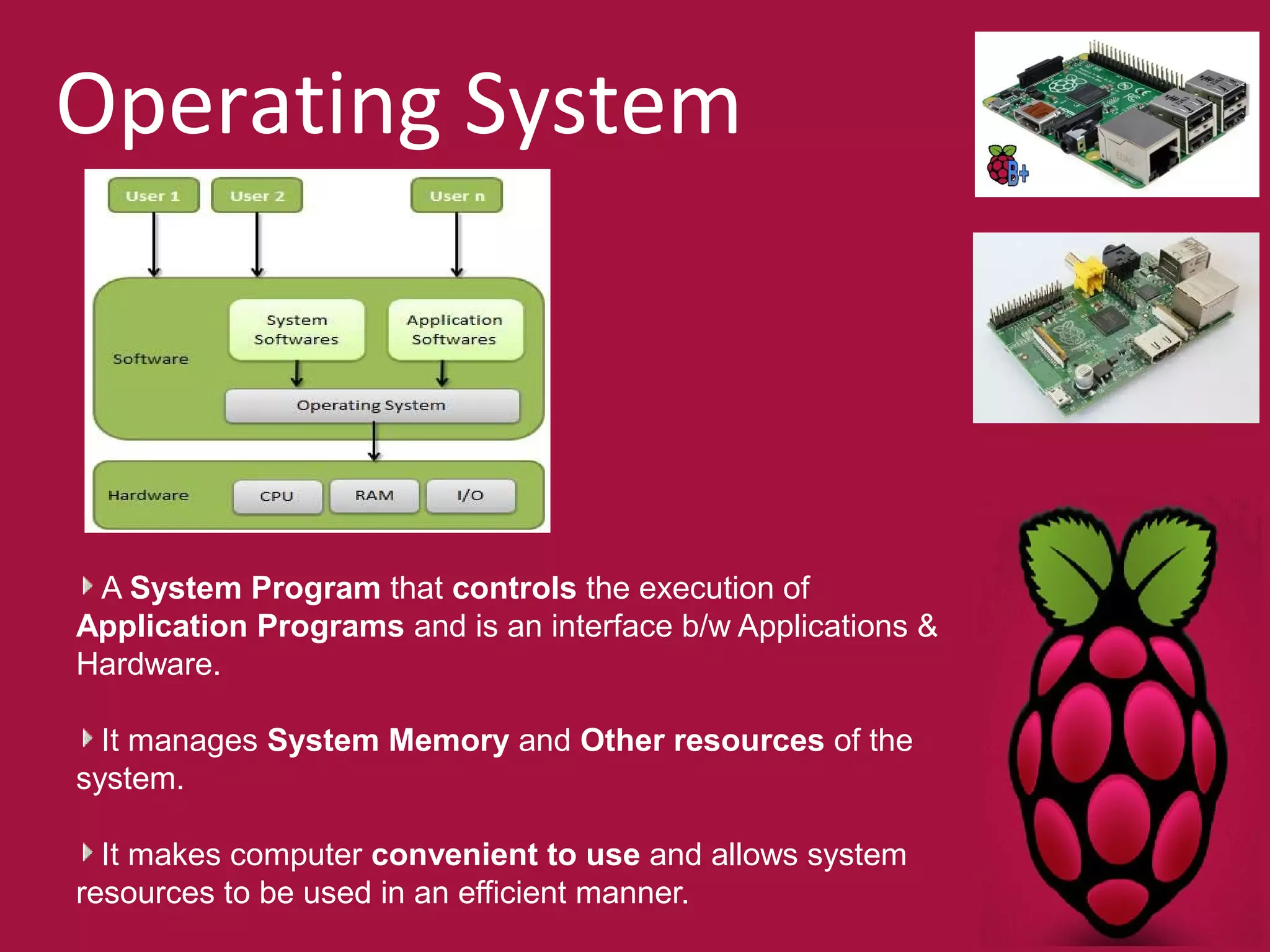 Operating System 
A System Program that controls the execution of 
Application Programs and is an interface b/w Applications & 
Hardware. 
It manages System Memory and Other resources of the 
system. 
It makes computer convenient to use and allows system 
resources to be used in an efficient manner. 
 