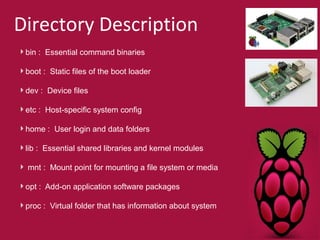 Directory Description 
bin : Essential command binaries 
boot : Static files of the boot loader 
dev : Device files 
etc : Host-specific system config 
home : User login and data folders 
lib : Essential shared libraries and kernel modules 
mnt : Mount point for mounting a file system or media 
opt : Add-on application software packages 
proc : Virtual folder that has information about system 
 