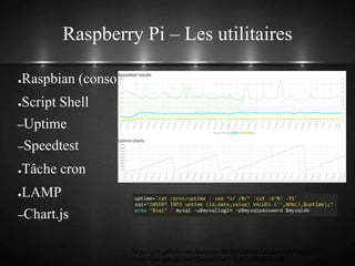 Raspberry Pi – Les utilitaires
●Raspbian (console)
●Script Shell
–Uptime
–Speedtest
●Tâche cron
●LAMP
–Chart.js
https://gist.github.com/Dergonic/f658032c831e2d2dae63c670d5173c27
https://gist.github.com/Dergonic/e6270497cff56d5445ab
 