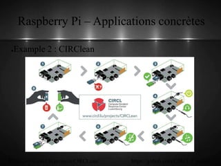 Raspberry Pi – Applications concrètes
●Example 2 : CIRClean
https://www.circl.lu/projects/CIRCLean/ https://github.com/CIRCL/Circlean
 