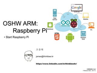 • Start Raspberry Pi
• VERSION 1.6.2
• Release Date : 2017.3
OSHW ARM:
Raspberry Pi
고 강 태
james@thinkbee.kr
https://www.linkedin.com/in/thinkbeekr/
 