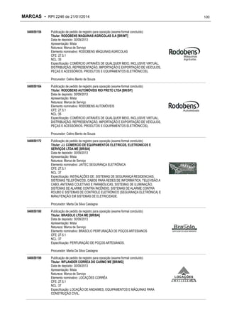 MARCAS - RPI 2246 de 21/01/2014
840659156

Publicação de pedido de registro para oposição (exame formal concluído)
Titular: RODOBENS MAQUINAS AGRICOLAS S.A [BR/MT]
Data de depósito: 30/09/2013
Apresentação: Mista
Natureza: Marca de Serviço
Elemento nominativo: RODOBENS MÁQUINAS AGRÍCOLAS
CFE: 27.5.1
NCL: 35
Especificação: COMÉRCIO (ATRAVÉS DE QUALQUER MEIO, INCLUSIVE VIRTUAL,
DISTRIBUIÇÃO, REPRESENTAÇÃO, IMPORTAÇÃO E EXPORTAÇÃO DE VEÍCULOS,
PEÇAS E ACESSÓRIOS, PRODUTOS E EQUIPAMENTOS ELETRÔNICOS).
Procurador: Celino Bento de Souza

840659164

Publicação de pedido de registro para oposição (exame formal concluído)
Titular: RODOBENS AUTOMÓVEIS RIO PRETO LTDA [BR/SP]
Data de depósito: 30/09/2013
Apresentação: Mista
Natureza: Marca de Serviço
Elemento nominativo: RODOBENS AUTOMÓVEIS
CFE: 27.5.1
NCL: 35
Especificação: COMÉRCIO (ATRAVÉS DE QUALQUER MEIO, INCLUSIVE VIRTUAL,
DISTRIBUIÇÃO, REPRESENTAÇÃO, IMPORTAÇÃO E EXPORTAÇÃO DE VEÍCULOS,
PEÇAS E ACESSÓRIOS, PRODUTOS E EQUIPAMENTOS ELETRÔNICOS).
Procurador: Celino Bento de Souza

840659172

Publicação de pedido de registro para oposição (exame formal concluído)
Titular: J.I. COMERCIO DE EQUIPAMENTOS ELETRICOS, ELETRONICOS E
SERVIÇOS LTDA ME [BR/BA]
Data de depósito: 30/09/2013
Apresentação: Mista
Natureza: Marca de Serviço
Elemento nominativo: JAITEC SEGURANÇA ELETRÔNICA
CFE: 27.5.1
NCL: 37
Especificação: INSTALAÇÕES DE: SISTEMAS DE SEGURANÇA RESIDENCIAIS,
SISTEMAS TELEFÔNICOS, CABOS PARA REDES DE INFORMÁTICA, TELEVISÃO A
CABO, ANTENAS COLETIVAS E PARABÓLICAS, SISTEMAS DE ILUMINAÇÃO,
SISTEMAS DE ALARME CONTRA INCÊNDIO, SISTEMAS DE ALARME CONTRA
ROUBO E SISTEMAS DE CONTROLE ELETRÔNICO (SEGURANÇA ELETRÔNICA) E
MANUTENÇÃO EM SISTEMAS DE ELETRICIDADE.
Procurador: Marta Da Silva Castagna

840659180

Publicação de pedido de registro para oposição (exame formal concluído)
Titular: BRASOLO LTDA ME [BR/BA]
Data de depósito: 30/09/2013
Apresentação: Mista
Natureza: Marca de Serviço
Elemento nominativo: BRASOLO PERFURAÇÃO DE POÇOS ARTESIANOS
CFE: 27.5.1
NCL: 37
Especificação: PERFURAÇÃO DE POÇOS ARTESIANOS.
Procurador: Marta Da Silva Castagna

840659199

Publicação de pedido de registro para oposição (exame formal concluído)
Titular: WFLANDER CORREA DO CARMO ME [BR/MG]
Data de depósito: 30/09/2013
Apresentação: Mista
Natureza: Marca de Serviço
Elemento nominativo: LOCAÇÕES CORRÊA
CFE: 27.5.1
NCL: 37
Especificação: LOCAÇÃO DE ANDAIMES, EQUIPAMENTOS E MÁQUINAS PARA
CONSTRUÇÃO CIVIL.

100

 