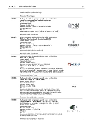 MARCAS - RPI 2246 de 21/01/2014

104

ORIENTAÇÃO DE NÚCLEO; INSTALAÇÃO.
Procurador: Monica Nogueira
840659318

Publicação de pedido de registro para oposição (exame formal concluído)
Titular: San Telmo Comércio de Alimentos Ltda. [BR/SP]
Data de depósito: 30/09/2013
Apresentação: Mista
Natureza: Marca de Serviço
Elemento nominativo: e - restó GESTÃO EM GASTRONOMIA
CFE: 26.13.25 e 27.5.1
NCL: 42
Especificação: SOFTWARE VOLTADOS Á GASTRONOMIA (ELABORAÇÃO).
Procurador: Edeiner Pezzuol Júnior

840659326

Publicação de pedido de registro para oposição (exame formal concluído)
Titular: San Telmo Comércio de Alimentos Ltda. [BR/SP]
Data de depósito: 30/09/2013
Apresentação: Mista
Natureza: Marca de Serviço
Elemento nominativo: N EL NOBLE SABORES ARGENTINOS
CFE: 26.13.25 e 27.5.1
NCL: 35
Especificação: COMÉRCIO DE ALIMENTOS.
Procurador: Edeiner Pezzuol Júnior

840659334

Publicação de pedido de registro para oposição (exame formal concluído)
Titular: TOLSA, S.A. [ES]
Data de depósito: 30/09/2013
Apresentação: Mista
Natureza: Marca de Produto
Elemento nominativo: ADINS BETTER ADDITIVES INSIDE
CFE: 24.15.1, 26.2.1, 26.4.1, 27.5.1 e 29.1.13
NCL: 1
Especificação: PRODUTOS QUÍMICOS UTILIZADOS NA INDÚSTRIA, EM ESPECIAL
ADITIVOS FUNCIONAIS NÃO-ORGÂNICOS PARA USO EM POLÍMEROS, RESINAS,
REVESTIMENTOS E TINTAS, CERÂMICA, ESMALTE, VIDRO, GESSO E CIMENTO.
Procurador: José Carlos Ferreira

840659385

Publicação de pedido de registro para oposição (exame formal concluído)
Titular: JADE COMERCIAL LTDA - ME [BR/MG]
Data de depósito: 30/09/2013
Apresentação: Nominativa
Natureza: Marca de Serviço
Elemento nominativo: SOUQ
NCL: 35
Especificação: COMÉRCIO DE SUVENIRES; BIJUTERIAS; ARTESANATOS;
CALÇADOS; ARTIGOS DE VIAGEM; ARTIGOS DE JOALHERIA; ARTIGOS DE
PAPELARIA; ARTIGOS DE CAMA; MESA E BANHO; ARTIGOS DO VESTUÁRIO E
ACESSÓRIOS; PRODUTOS DE PERFUME E COSMÉTICOS.
Procurador: Rosangela Lima Lins Emerenciano

840659393

Publicação de pedido de registro para oposição (exame formal concluído)
Titular: ABE AMÉRICA IMPORTADORA, EXPORTADORA, COMÉRCIO E
DISTRIBUIDORA DE SUPLEMENTOS ALIMENTARES LTDA - ME [BR/SP]
Data de depósito: 30/09/2013
Apresentação: Mista
Natureza: Marca de Serviço
Elemento nominativo: 4 + NUTRITION
CFE: 27.5.1
NCL: 35
Especificação: COMÉRCIO, IMPORTAÇÃO, EXPORTAÇÃO E DISTRIBUIÇÃO DE
SUPLEMENTOS ALIMENTARES.
Procurador: Rosangela Lima Lins Emerenciano

SOUQ

 