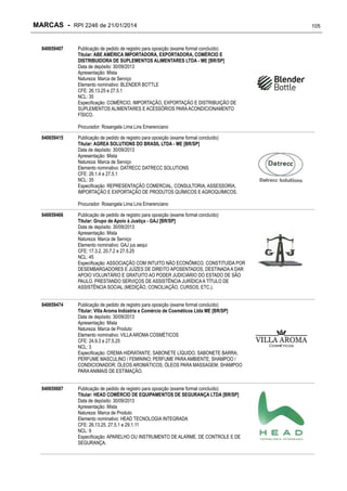 MARCAS - RPI 2246 de 21/01/2014
840659407

Publicação de pedido de registro para oposição (exame formal concluído)
Titular: ABE AMÉRICA IMPORTADORA, EXPORTADORA, COMÉRCIO E
DISTRIBUIDORA DE SUPLEMENTOS ALIMENTARES LTDA - ME [BR/SP]
Data de depósito: 30/09/2013
Apresentação: Mista
Natureza: Marca de Serviço
Elemento nominativo: BLENDER BOTTLE
CFE: 26.13.25 e 27.5.1
NCL: 35
Especificação: COMÉRCIO, IMPORTAÇÃO, EXPORTAÇÃO E DISTRIBUIÇÃO DE
SUPLEMENTOS ALIMENTARES E ACESSÓRIOS PARA ACONDICIONAMENTO
FÍSICO.
Procurador: Rosangela Lima Lins Emerenciano

840659415

Publicação de pedido de registro para oposição (exame formal concluído)
Titular: AGREA SOLUTIONS DO BRASIL LTDA - ME [BR/SP]
Data de depósito: 30/09/2013
Apresentação: Mista
Natureza: Marca de Serviço
Elemento nominativo: DATRECC DATRECC SOLUTIONS
CFE: 26.1.4 e 27.5.1
NCL: 35
Especificação: REPRESENTAÇÃO COMERCIAL, CONSULTORIA, ASSESSORIA,
IMPORTAÇÃO E EXPORTAÇÃO DE PRODUTOS QUÍMICOS E AGROQUÍMICOS.
Procurador: Rosangela Lima Lins Emerenciano

840659466

Publicação de pedido de registro para oposição (exame formal concluído)
Titular: Grupo de Apoio à Justiça - GAJ [BR/SP]
Data de depósito: 30/09/2013
Apresentação: Mista
Natureza: Marca de Serviço
Elemento nominativo: GAJ jus aequi
CFE: 17.3.2, 20.7.2 e 27.5.25
NCL: 45
Especificação: ASSOCIAÇÃO COM INTUITO NÃO ECONÔMICO, CONSTITUÍDA POR
DESEMBARGADORES E JUÍZES DE DIREITO APOSENTADOS, DESTINADA A DAR
APOIO VOLUNTÁRIO E GRATUITO AO PODER JUDICIÁRIO DO ESTADO DE SÃO
PAULO, PRESTANDO SERVIÇOS DE ASSISTÊNCIA JURÍDICA A TÍTULO DE
ASSISTÊNCIA SOCIAL (MEDIÇÃO, CONCILIAÇÃO, CURSOS, ETC.).

840659474

Publicação de pedido de registro para oposição (exame formal concluído)
Titular: Villa Aroma Indústria e Comércio de Cosméticos Ltda ME [BR/SP]
Data de depósito: 30/09/2013
Apresentação: Mista
Natureza: Marca de Produto
Elemento nominativo: VILLA AROMA COSMÉTICOS
CFE: 24.9.3 e 27.5.25
NCL: 3
Especificação: CREMA HIDRATANTE; SABONETE LÍQUIDO; SABONETE BARRA;
PERFUME MASCULINO / FEMININO; PERFUME PARA AMBIENTE; SHAMPOO /
CONDICIONADOR; ÓLEOS AROMÁTICOS; ÓLEOS PARA MASSAGEM; SHAMPOO
PARA ANIMAIS DE ESTIMAÇÃO.

840659687

Publicação de pedido de registro para oposição (exame formal concluído)
Titular: HEAD COMÉRCIO DE EQUIPAMENTOS DE SEGURANÇA LTDA [BR/SP]
Data de depósito: 30/09/2013
Apresentação: Mista
Natureza: Marca de Produto
Elemento nominativo: HEAD TECNOLOGIA INTEGRADA
CFE: 26.13.25, 27.5.1 e 29.1.11
NCL: 9
Especificação: APARELHO OU INSTRUMENTO DE ALARME, DE CONTROLE E DE
SEGURANÇA.

105

 