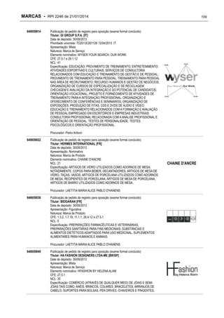 MARCAS - RPI 2246 de 21/01/2014
840659814

109

Publicação de pedido de registro para oposição (exame formal concluído)
Titular: GI GROUP S.P.A. [IT]
Data de depósito: 30/09/2013
Prioridade unionista: TO2013C001126 12/04/2013 IT
Apresentação: Mista
Natureza: Marca de Serviço
Elemento nominativo: WYSER YOUR SEARCH, OUR WORK.
CFE: 27.5.1 e 29.1.12
NCL: 41
Especificação: EDUCAÇÃO; PROVIMENTO DE TREINAMENTO; ENTRETENIMENTO;
ATIVIDADES ESPORTIVAS E CULTURAIS; SERVIÇOS DE CONSULTORIA
RELACIONADOS COM EDUCAÇÃO E TREINAMENTO DE GESTÃO E DE PESSOAL;
PROVIMENTO DE TREINAMENTO PARA PESSOAL; TREINAMENTO PARA PESSOAL
NAS ÁREA DE RECRUTAMENTO, RECURSO HUMANOS E GESTÃO DE NEGÓCIOS;
ORGANIZAÇÃO DE CURSOS DE ESPECIALIZAÇÃO E DE RECICLAGEM;
CHECAGEM E AVALIAÇÃO DA INTEGRAÇÃO E DO POTENCIAL DE CANDIDATOS;
ORIENTAÇÃO VOCACIONAL; PROJETO E FORNECIMENTO DE ATIVIDADES DE
TREINAMENTO PARA A INTEGRAÇÃO PROFISSIONAL; ORGANIZAÇÃO E
OFERECIMENTO DE CONFERÊNCIAS E SEMINÁRIOS; ORGANIZAÇÃO DE
EXPOSIÇÕES; PRODUÇÃO DE FITAS, CDS E DVDS DE ÁUDIO E VÍDEO;
EDUCAÇÃO E TREINAMENTO RELACIONADOS COM A FORMAÇÃO E AVALIAÇÃO
DE PESSOAL EMPREGADO EM ESCRITÓRIOS E EMPRESAS INDUSTRIAIS;
CONSULTORIA PROFISSIONAL RELACIONADA COM A ANÁLISE PROFISSIONAL E
ORIENTAÇÃO DE PESSOAL, TESTES DE PERSONALIDADE, TESTES
PSICOLÓGICOS E ORIENTAÇÃO PROFISSIONAL.
Procurador: Pietro Ariboni

840659822

Publicação de pedido de registro para oposição (exame formal concluído)
Titular: HERMES INTERNATIONAL [FR]
Data de depósito: 30/09/2013
Apresentação: Nominativa
Natureza: Marca de Produto
Elemento nominativo: CHAINE D'ANCRE
NCL: 21
Especificação: ARTIGOS DE VIDRO UTILIZADOS COMO ADORNOS DE MESA,
NOTADAMENTE, COPOS PARA BEBER, DECANTADORES, ARTIGOS DE MESA DE
VIDRO, TAÇAS, VASOS, ARTIGOS DE PORCELANA UTILIZADOS COMO ADORNOS
DE MESA, RECIPIENTES DE PORCELANA, ARTIGOS DE MESA DE PORCELANA,
ARTIGOS DE BARRO UTILIZADOS COMO ADORNOS DE MESA.
Procurador: LAETITIA MARIA ALICE PABLO D'HANENS

840659830

Publicação de pedido de registro para oposição (exame formal concluído)
Titular: BIOGARAN [FR]
Data de depósito: 30/09/2013
Apresentação: Figurativa
Natureza: Marca de Produto
CFE: 1.3.2, 1.7.19, 11.1.1, 26.4.12 e 27.5.1
NCL: 5
Especificação: PREPARAÇÕES FARMACÊUTICAS E VETERINÁRIAS,
PREPARAÇÕES SANITÁRIAS PARA FINS MEDICINAIS, SUBSTÂNCIAS E
ALIMENTOS DIETÉTICOS ADAPTADOS PARA USO MEDICINAL, SUPLEMENTOS
ALIMENTARES PARA HUMANOS E ANIMAIS.
Procurador: LAETITIA MARIA ALICE PABLO D'HANENS

840659849

Publicação de pedido de registro para oposição (exame formal concluído)
Titular: HA FASHION DESIGNERS LTDA-ME [BR/SP]
Data de depósito: 30/09/2013
Apresentação: Mista
Natureza: Marca de Serviço
Elemento nominativo: HFASHION BY HELENA ALAM
CFE: 27.5.1
NCL: 35
Especificação: COMÉRCIO (ATRAVÉS DE QUALQUER MEIO) DE JÓIAS E SEMIJÓIAS TAIS COMO: ANÉIS, BRINCOS, COLARES, BRACELETES, ARRANJOS DE
CABELO, SUPORTES PARA BOLSAS, PEN DRIVES, CHAVEIROS E PINGENTES;

CHAINE D'ANCRE

 