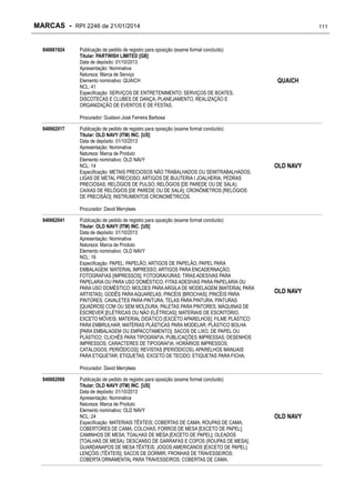 MARCAS - RPI 2246 de 21/01/2014
840661924

Publicação de pedido de registro para oposição (exame formal concluído)
Titular: PARTWISH LIMITED [GB]
Data de depósito: 01/10/2013
Apresentação: Nominativa
Natureza: Marca de Serviço
Elemento nominativo: QUAICH
NCL: 41
Especificação: SERVIÇOS DE ENTRETENIMENTO; SERVIÇOS DE BOATES,
DISCOTECAS E CLUBES DE DANÇA; PLANEJAMENTO, REALIZAÇÃO E
ORGANIZAÇÃO DE EVENTOS E DE FESTAS.

111

QUAICH

Procurador: Gustavo José Ferreira Barbosa
840662017

Publicação de pedido de registro para oposição (exame formal concluído)
Titular: OLD NAVY (ITM) INC. [US]
Data de depósito: 01/10/2013
Apresentação: Nominativa
Natureza: Marca de Produto
Elemento nominativo: OLD NAVY
NCL: 14
Especificação: METAIS PRECIOSOS NÃO TRABALHADOS OU SEMITRABALHADOS;
LIGAS DE METAL PRECIOSO; ARTIGOS DE BIJUTERIA I JOALHERIA; PEDRAS
PRECIOSAS; RELÓGIOS DE PULSO; RELÓGIOS [DE PAREDE OU DE SALA);
CAIXAS DE RELÓGIOS [DE PAREDE OU DE SALA]; CRONÔMETROS [RELÓGIOS
DE PRECISÃO]; INSTRUMENTOS CRONOMÉTRICOS.

OLD NAVY

Procurador: David Merrylees
840662041

Publicação de pedido de registro para oposição (exame formal concluído)
Titular: OLD NAVY (ITM) INC. [US]
Data de depósito: 01/10/2013
Apresentação: Nominativa
Natureza: Marca de Produto
Elemento nominativo: OLD NAVY
NCL: 16
Especificação: PAPEL; PAPELÃO; ARTIGOS DE PAPELÃO; PAPEL PARA
EMBALAGEM; MATERIAL IMPRESSO; ARTIGOS PARA ENCADERNAÇÃO;
FOTOGRAFIAS [IMPRESSOS]; FOTOGRAVURAS; TIRAS ADESIVAS PARA
PAPELARIA OU PARA USO DOMÉSTICO; FITAS ADESIVAS PARA PAPELARIA OU
PARA USO DOMÉSTICO; MOLDES PARA ARGILA DE MODELAGEM [MATERIAL PARA
ARTISTAS); GODÊS PARA AQUARELAS; PINCÉIS [BROCHAS]; PINCÉIS PARA
PINTORES; CAVALETES PARA PINTURA; TELAS PARA PINTURA; PINTURAS
[QUADROS] COM OU SEM MOLDURA; PALETAS PARA PINTORES; MÁQUINAS DE
ESCREVER [ELÉTRICAS OU NÃO ELÉTRICAS]; MATERIAIS DE ESCRITÓRIO,
EXCETO MÓVEIS; MATERIAL DIDÁTICO [EXCETO APARELHOS]; FILME PLÁSTICO
PARA EMBRULHAR; MATÉRIAS PLÁSTICAS PARA MODELAR; PLÁSTICO BOLHA
[PARA EMBALAGEM OU EMPACOTAMENTO]; SACOS DE LIXO, DE PAPEL OU
PLÁSTICO; CLICHÊS PARA TIPOGRAFIA; PUBLICAÇÕES IMPRESSAS; DESENHOS
IMPRESSOS; CARACTERES DE TIPOGRAFIA; HORÁRIOS IMPRESSOS;
CATÁLOGOS; PERIÓDICOS]; REVISTAS [PERIÓDICOS); APARELHOS MANUAIS
PARA ETIQUETAR; ETIQUETAS, EXCETO DE TECIDO; ETIQUETAS PARA FICHA.

OLD NAVY

Procurador: David Merrylees
840662068

Publicação de pedido de registro para oposição (exame formal concluído)
Titular: OLD NAVY (ITM) INC. [US]
Data de depósito: 01/10/2013
Apresentação: Nominativa
Natureza: Marca de Produto
Elemento nominativo: OLD NAVY
NCL: 24
Especificação: MATERIAIS TÊXTEIS; COBERTAS DE CAMA; ROUPAS DE CAMA;
COBERTORES DE CAMA; COLCHAS; FORROS DE MESA [EXCETO DE PAPEL];
CAMINHOS DE MESA; TOALHAS DE MESA [EXCETO DE PAPEL]; OLEADOS
[TOALHAS DE MESA); DESCANSO DE GARRAFAS E COPOS (ROUPAS DE MESA];
GUARDANAPOS DE MESA TÊXTEIS; JOGOS AMERICANOS [EXCETO DE PAPEL);
LENÇÓIS (TÊXTEIS]; SACOS DE DORMIR; FRONHAS DE TRAVESSEIROS;
COBERTA ORNAMENTAL PARA TRAVESSEIROS; COBERTAS DE CAMA;

OLD NAVY

 