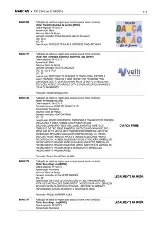 MARCAS - RPI 2246 de 21/01/2014
840665385

Publicação de pedido de registro para oposição (exame formal concluído)
Titular: Rubenildo Buarque de Gusmão [BR/RJ]
Data de depósito: 04/10/2013
Apresentação: Mista
Natureza: Marca de Serviço
Elemento nominativo: Projeto Dança De Salão Rio De Janeiro
CFE: 27.5.1
NCL: 41
Especificação: SERVIÇOS DE AULAS E CURSOS DE DANÇA DE SALÃO.

840665717

113

Publicação de pedido de registro para oposição (exame formal concluído)
Titular: Velti Tecnologia, Sistemas e Engenharia Ltda. [BR/PR]
Data de depósito: 04/10/2013
Apresentação: Mista
Natureza: Marca de Serviço
Elemento nominativo: VELTI TECNOLOGIA
CFE: 26.15.25 e 27.5.1
NCL: 37
Especificação: PRESTAÇÃO DE SERVIÇOS DE CONSULTORIA, SUPORTE E
MANUTENÇÃO DE PROJETOS E SEUS RESPECTIVOS PRODUTOS PARA
CONTROLE E GESTÃO DE PESSOAS NAS ÁREAS DE PONTO E FREQUENCIA;
EDUCAÇÃO; ACESSO, SEGURANÇA, CFTV E RONDA; RECURSOS HUMANOS E
FOLHA DE PAGAMENTO.
Procurador: marcelo henrique zanoni

840666152

Publicação de pedido de registro para oposição (exame formal concluído)
Titular: TriVascular, Inc. [US]
Data de depósito: 04/10/2013
Prioridade unionista: 85/900,037 10/04/2013 US
Apresentação: Nominativa
Natureza: Marca de Produto
Elemento nominativo: OVATION PRIME
NCL: 10
Especificação: APARELHOS MÉDICOS, TODOS PARA O TRATAMENTO DE DOENÇAS
VASCULARES, A SABER, STENTS, ENXERTOS SINTÉTICOS
ENDOVASCULARES,PRÓTESES VASCULARES, ENXERTOS SINTÉTICOS
TORÁCICOS DO TIPO STENT, ENXERTOS SINTÉTICOS ABDOMINAIS DO TIPO
STENT, IMPLANTES VASCULARES COMPREENDENDO MATERIAL ARTIFICIAL,
SISTEMAS DE IMPLANTES VASCULARES COMPREENDENDO CATETERES,
VÁLVULAS, REVESTIMENTOS, APOIOS E CHASSIS; ACESSÓRIOS PARA OS
PRODUTOS ACIMA, A SABER, REVESTIMENTOS DE INTRODUÇÃO, MATERIAL DE
PREENCHIMENTO PARA IMPLANTES CURÁVEIS POLIMÉRICOS, MATERIAL DE
PREENCHIMENTO PARA INSTRUMENTOS MISTOS, INJETORES DE MATERIAL DE
PREENCHIMENTO PARA IMPLANTES E SERINGAS PARA MATERIAL DE
PREENCHIMENTO PARA IMPLANTES.

OVATION PRIME

Procurador: Ricardo Pernold Vieira de Mello
840666179

Publicação de pedido de registro para oposição (exame formal concluído)
Titular: Bruna Rego Lins [BR/RJ]
Data de depósito: 04/10/2013
Apresentação: Nominativa
Natureza: Marca de Serviço
Elemento nominativo: LEGALMENTE NA MODA
NCL: 38
Especificação: SISTEMAS DE COMUNICAÇÃO ON-LINE, TRANSMISSÃO DE
NOTÍCIAS E INFORMAÇÕES SOBRE DIREITO E NEGÓCIOS DA MODA; SERVIÇOS
INCLUÍDOS NESTA CLASSE RELACIONADOS A UM PORTAL NA INTERNET
ESPECIALIZADO NA ÁREA DE DIREITO E NEGÓCIOS DA MODA.

LEGALMENTE NA MODA

Procurador: RAQUEL FERREIRA ALVES
840666187

Publicação de pedido de registro para oposição (exame formal concluído)
Titular: Bruna Rego Lins [BR/RJ]
Data de depósito: 04/10/2013
Apresentação: Nominativa

LEGALMENTE NA MODA

 
