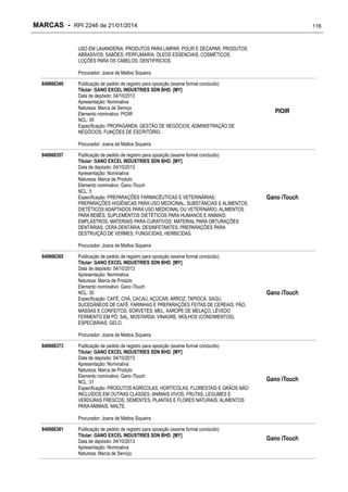 MARCAS - RPI 2246 de 21/01/2014

116

USO EM LAVANDERIA; PRODUTOS PARA LIMPAR, POLIR E DECAPAR; PRODUTOS
ABRASIVOS; SABÕES; PERFUMARIA, ÓLEOS ESSENCIAIS, COSMÉTICOS,
LOÇÕES PARA OS CABELOS; DENTIFRÍCIOS.
Procurador: Joana de Mattos Siqueira
840666349

Publicação de pedido de registro para oposição (exame formal concluído)
Titular: GANO EXCEL INDUSTRIES SDN BHD. [MY]
Data de depósito: 04/10/2013
Apresentação: Nominativa
Natureza: Marca de Serviço
Elemento nominativo: PIOIR
NCL: 35
Especificação: PROPAGANDA; GESTÃO DE NEGÓCIOS; ADMINISTRAÇÃO DE
NEGÓCIOS; FUNÇÕES DE ESCRITÓRIO.

PIOIR

Procurador: Joana de Mattos Siqueira
840666357

Publicação de pedido de registro para oposição (exame formal concluído)
Titular: GANO EXCEL INDUSTRIES SDN BHD. [MY]
Data de depósito: 04/10/2013
Apresentação: Nominativa
Natureza: Marca de Produto
Elemento nominativo: Gano iTouch
NCL: 5
Especificação: PREPARAÇÕES FARMACÊUTICAS E VETERINÁRIAS;
PREPARAÇÕES HIGIÊNICAS PARA USO MEDICINAL; SUBSTÂNCIAS E ALIMENTOS
DIETÉTICOS ADAPTADOS PARA USO MEDICINAL OU VETERINÁRIO, ALIMENTOS
PARA BEBÊS; SUPLEMENTOS DIETÉTICOS PARA HUMANOS E ANIMAIS;
EMPLASTROS, MATERIAIS PARA CURATIVOS; MATERIAL PARA OBTURAÇÕES
DENTÁRIAS, CERA DENTÁRIA; DESINFETANTES; PREPARAÇÕES PARA
DESTRUIÇÃO DE VERMES; FUNGICIDAS, HERBICIDAS.

Gano iTouch

Procurador: Joana de Mattos Siqueira
840666365

Publicação de pedido de registro para oposição (exame formal concluído)
Titular: GANO EXCEL INDUSTRIES SDN BHD. [MY]
Data de depósito: 04/10/2013
Apresentação: Nominativa
Natureza: Marca de Produto
Elemento nominativo: Gano iTouch
NCL: 30
Especificação: CAFÉ, CHÁ, CACAU, AÇÚCAR, ARROZ, TAPIOCA, SAGU,
SUCEDÂNEOS DE CAFÉ; FARINHAS E PREPARAÇÕES FEITAS DE CEREAIS, PÃO,
MASSAS E CONFEITOS, SORVETES; MEL, XAROPE DE MELAÇO; LÊVEDO
FERMENTO EM PÓ; SAL, MOSTARDA; VINAGRE, MOLHOS (CONDIMENTOS);
ESPECIARIAS; GELO.

Gano iTouch

Procurador: Joana de Mattos Siqueira
840666373

Publicação de pedido de registro para oposição (exame formal concluído)
Titular: GANO EXCEL INDUSTRIES SDN BHD. [MY]
Data de depósito: 04/10/2013
Apresentação: Nominativa
Natureza: Marca de Produto
Elemento nominativo: Gano iTouch
NCL: 31
Especificação: PRODUTOS AGRÍCOLAS, HORTÍCOLAS, FLORESTAIS E GRÃOS NÃO
INCLUÍDOS EM OUTRAS CLASSES; ANIMAIS VIVOS; FRUTAS, LEGUMES E
VERDURAS FRESCOS; SEMENTES, PLANTAS E FLORES NATURAIS; ALIMENTOS
PARA ANIMAIS, MALTE.

Gano iTouch

Procurador: Joana de Mattos Siqueira
840666381

Publicação de pedido de registro para oposição (exame formal concluído)
Titular: GANO EXCEL INDUSTRIES SDN BHD. [MY]
Data de depósito: 04/10/2013
Apresentação: Nominativa
Natureza: Marca de Serviço

Gano iTouch

 