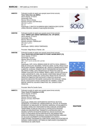 MARCAS - RPI 2246 de 21/01/2014
840667051

Publicação de pedido de registro para oposição (exame formal concluído)
Titular: Editora Solo Ltda. [BR/RJ]
Data de depósito: 07/10/2013
Apresentação: Mista
Natureza: Marca de Serviço
Elemento nominativo: EDITORA SOLO
CFE: 20.7.1 e 27.5.1
NCL: 41
Especificação: O OBJETIVO DA EMPRESA SERÁ COMERCIALIZAR E EDITAR
LIVROS, REVISTAS, JORNAIS E PUBLICAÇÕES EM GERAL.

840667060

125

Publicação de pedido de registro para oposição (exame formal concluído)
Titular: TEMPER LIGHT VIDROS TEMPERADOS LTDA - EPP [BR/SP]
Data de depósito: 07/10/2013
Apresentação: Mista
Natureza: Marca de Produto
Elemento nominativo: TEMPERLIGHT
CFE: 26.4.7 e 27.5.1
NCL: 20
Especificação: VIDROS; VIDROS TEMPERADOS.
Procurador: Village Marcas e Patentes Ltda

840667086

Publicação de pedido de registro para oposição (exame formal concluído)
Titular: SOLEN CIKOLATA GIDA SANAYI VE TICARET ANONIM SIRKETI [TR]
Data de depósito: 07/10/2013
Apresentação: Figurativa
Natureza: Marca de Produto
CFE: 1.15.11, 5.3.13, 5.3.16, 6.19.1 e 6.19.5
NCL: 30
Especificação: CAFÉ, CACAU, BEBIDAS A BASE DE CAFÉ OU CACAU, BEBIDAS À
BASE DE CHOCOLATE, MACARRÃO, TORTAS DE CARNE, ALETRIA, PRODUTOS DE
PASTELARIA E PADARIA, SOBREMESAS, MEL, PRÓPOLIS, AROMATIZANTES PARA
ALIMENTOS, LEVEDURA, FERMENTO EM PÓ, PREPARAÇÕES NATURAIS PARA
MELHORAR A FORMA, COR E PRESERVAÇÃO DE PRODUTOS À BASE DE
FARINHA; QUALQUER TIPO DE FARINHA, SÊMOLA, AMIDO, AÇÚCAR, AÇÚCAR EM
CUBOS, AÇÚCAR EM PÓ, CHÁS, CHÁ GELADO, CONFEITARIA, MANJAR TURCO
(LOKUM), IOGURTE CONGELADO, CHOCOLATES, PRODUTOS DE CHOCOLATE,
PRODUTOS COBERTOS COM CHOCOLATE E CONFEITOS, BOLACHAS,
BISCOITOS, BISCOITOS TIPO WAFER, CHOCOLATES TIPO COCOLINS, TORTAS,
BOLOS, CHOCOLATES E DOCES COM RECHEIO DE CARAMELO, GOMA DE
MASCAR, SORVETES, GELADOS COMESTÍVEIS, SAL, CEREAIS E SEUS
PRODUTOS.
Procurador: Maria Pia Carvalho Guerra

840667213

Publicação de pedido de registro para oposição (exame formal concluído)
Titular: Oracle OTC Subsidiary LLC [US]
Data de depósito: 07/10/2013
Apresentação: Nominativa
Natureza: Marca de Produto
Elemento nominativo: RIGHTNOW
NCL: 9
Especificação: APARELHOS E INSTRUMENTOS CIENTÍFICOS, NÁUTICOS,
GEODÉSICOS, FOTOGRÁFICOS, CINEMATOGRÁFICOS, ÓPTICOS, DE PESAGEM,
DE MEDIÇÃO, DE SINALIZAÇÃO, DE CONTROLE (INSPEÇÃO), DE SALVAMENTO E
DE ENSINO; APARELHOS E INSTRUMENTOS PARA CONDUZIR, INTERROMPER,
TRANSFORMAR, ACUMULAR, REGULAR OU CONTROLAR ELETRICIDADE;
APARELHOS PARA REGISTRAR, TRANSMITIR OU REPRODUZIR SOM OU
IMAGENS; SUPORTE DE REGISTRO MAGNÉTICO, DISCOS ACÚSTICOS; CDS,
DVDS E OUTRAS MÍDIAS DIGITAIS PARA REGISTRO; MECANISMOS PARA
APARELHOS OPERADOS COM MOEDAS; CAIXAS REGISTRADORAS, MÁQUINAS
DE CALCULAR, EQUIPAMENTO DE PROCESSAMENTO DE DADOS E
COMPUTADORES; PROGRAMAS DE COMPUTADOR; APARELHOS EXTINTORES DE
INCÊNDIO; COMPUTADORES, SOFTWARE DE COMPUTADOR E EQUIPAMENTOS
PERIFÉRICOS DE COMPUTADOR.

RIGHTNOW

 